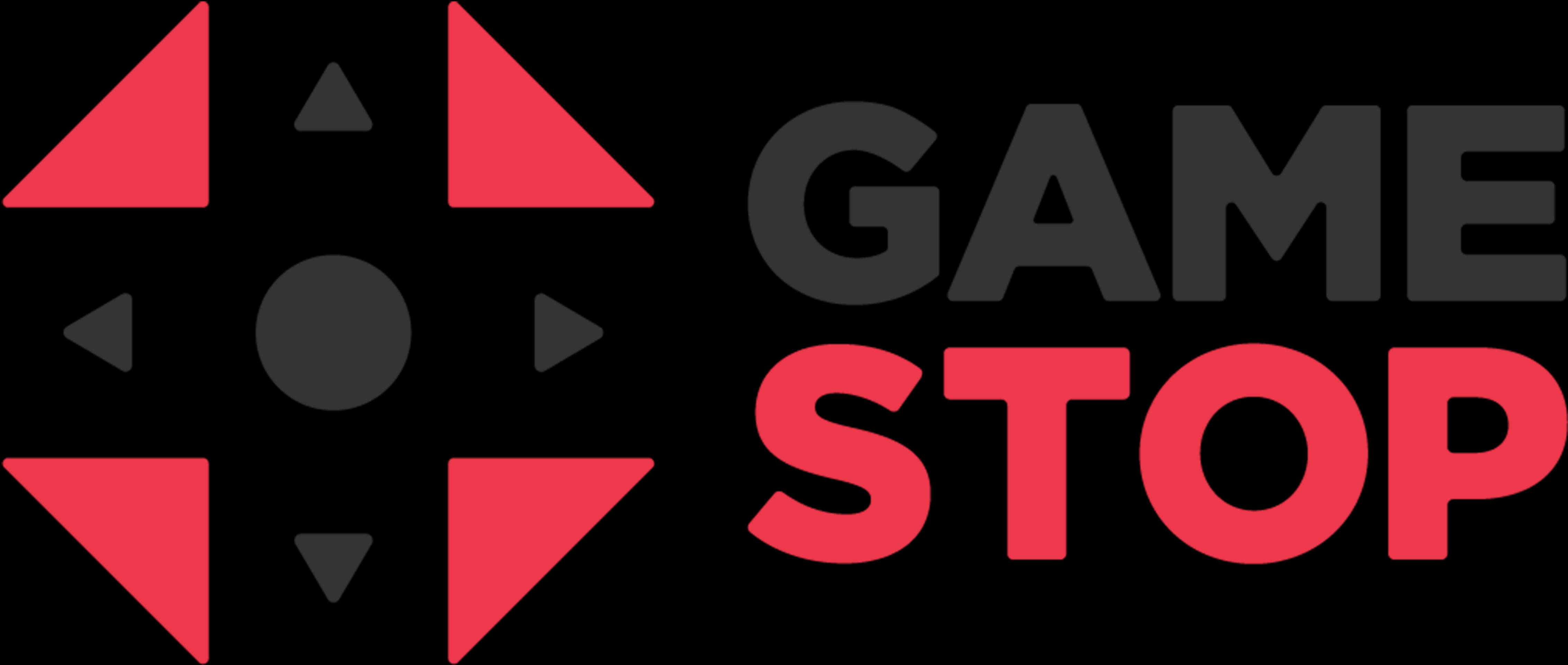 GameStop 遊戲控制器圖標設計 壁紙 — 在黑色背景上，GAME STOP 字樣旁邊的醒目紅色和灰色遊戲控制器圖示。