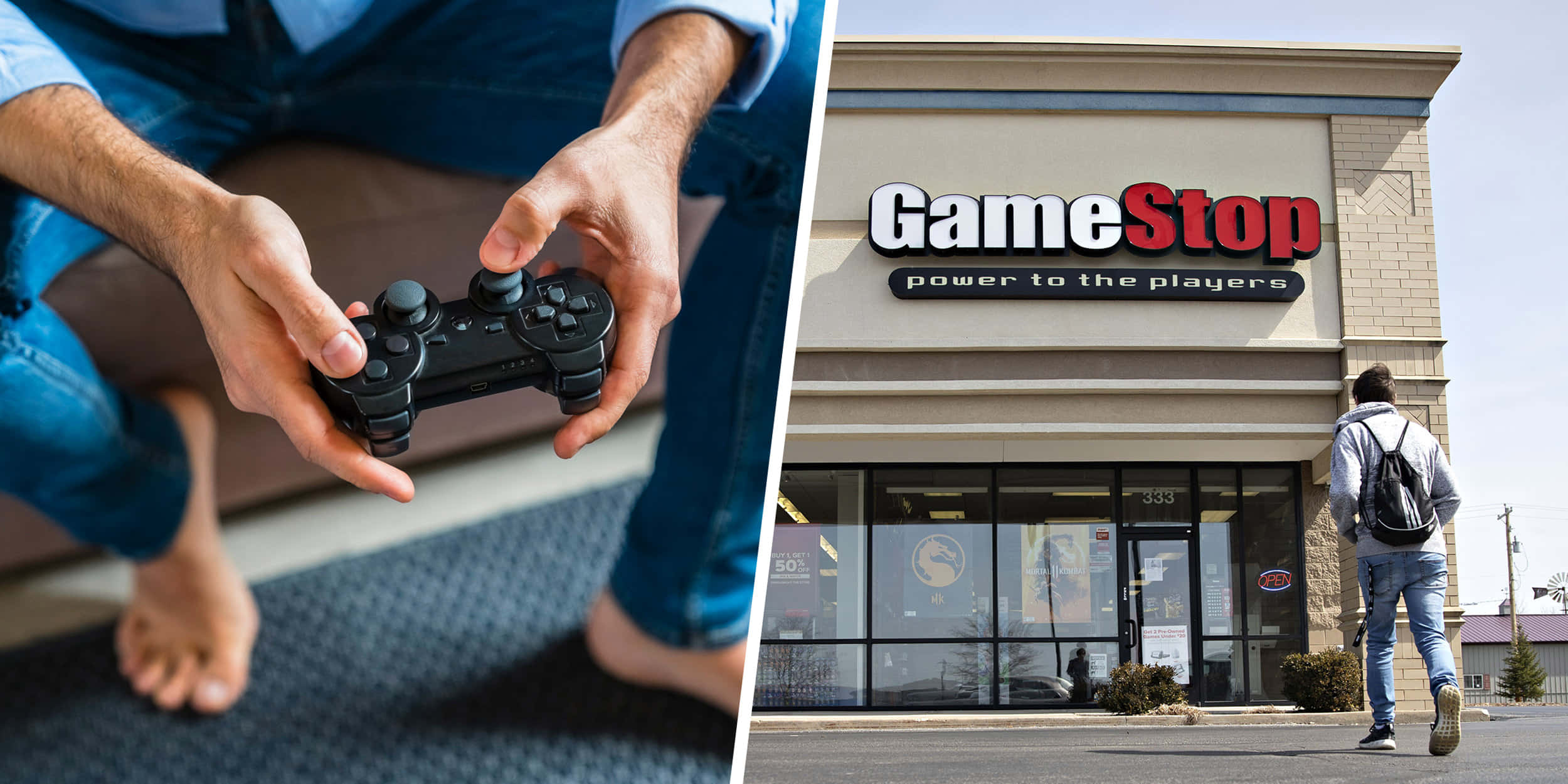 「GameStop擁有最新遊戲產品！」 壁紙 — 一個人揸住遊戲手掣，另一個人行向GameStop舖面。