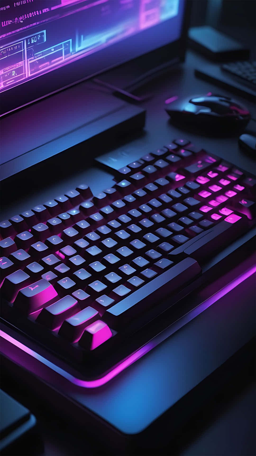 Gaming Setup with Keyboard and Monitor in Purple Light 壁紙 — 特寫鏡頭：一張昏暗書桌上，發光紫色和藍色機械鍵盤，以及顯示程式碼的亮著顯示器。