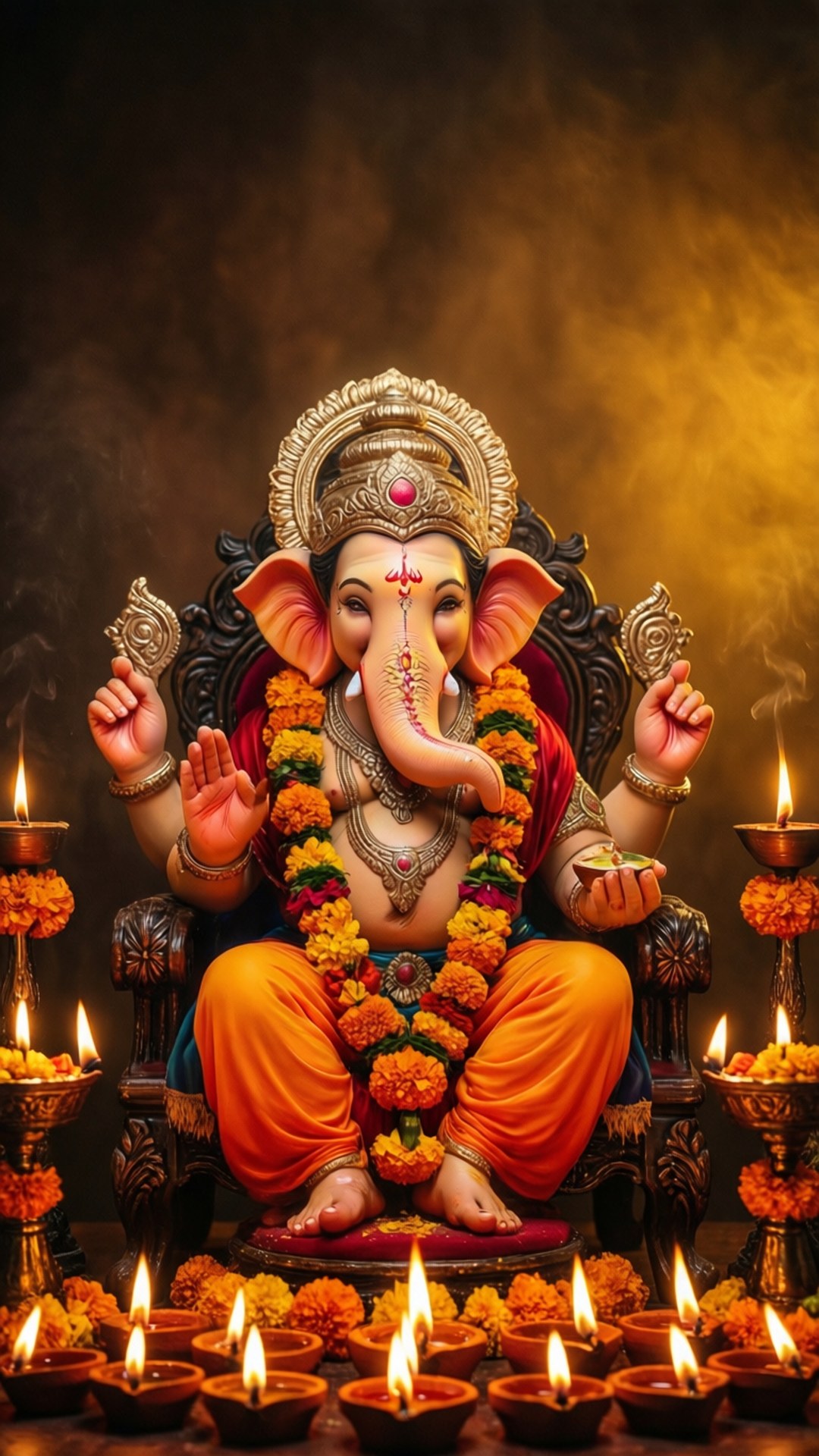 Festive Ganesha Throne 壁紙 — 裝飾著萬壽菊和金飾的象神雕像莊嚴地坐在華麗的寶座上，周圍環繞著發光的油燈。
