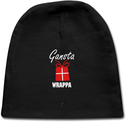 Gangsta Wrappa 毛線帽 壁紙 — 黑色冷帽，上面有白色草書 'Gansta'，下方有一個紅色禮物盒附有蝴蝶結，再下面是 'WRAPPA'。