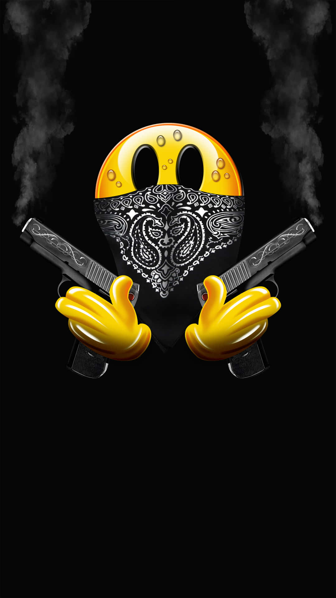 黃色 Pac-Man 戴著頭巾，手持兩把手槍，兩側有煙霧升起。
