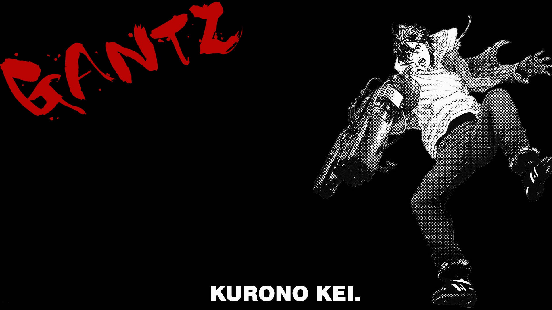 動漫角色玄野計以動作姿勢手持武器，帶有紅色GANTZ文字。