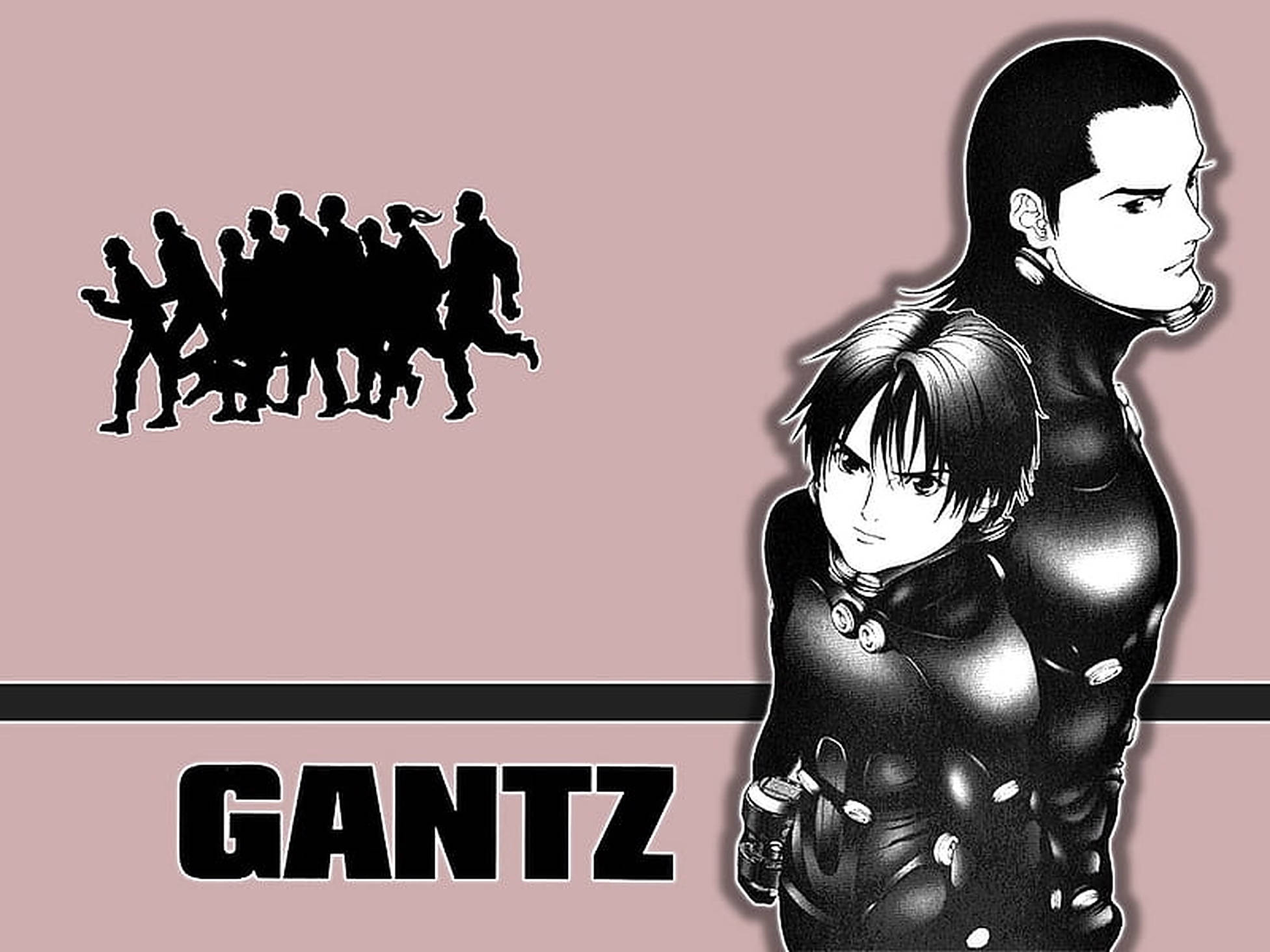 Gantz 木村健與高田美佳 粉紅海報 壁紙 — 兩個身穿黑色緊身衣的動漫角色站在淡紫色背景前，背景有奔跑人物的剪影和「GANTZ」字樣。