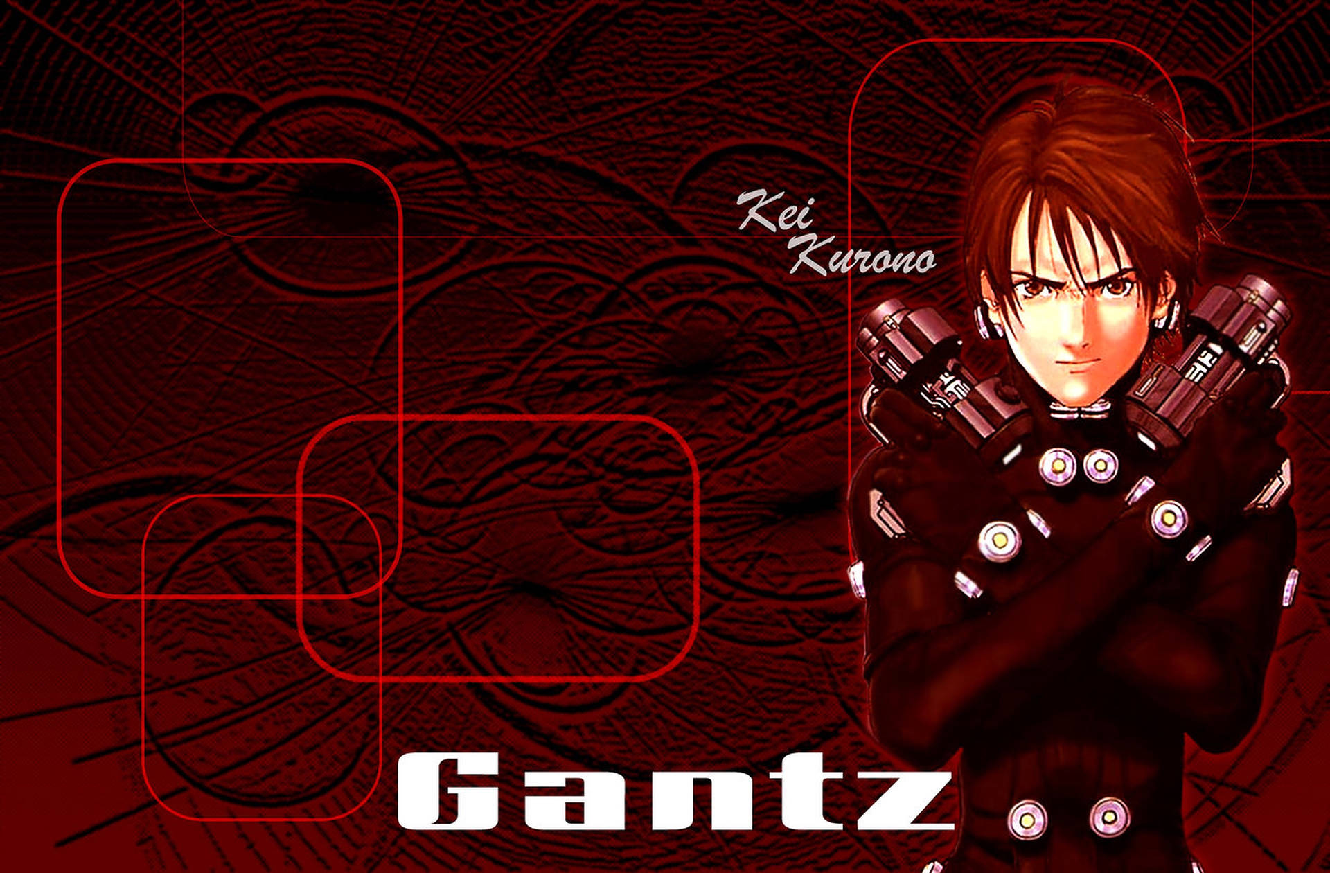 來自《GANTZ》的動漫角色玄野計雙手交叉，身穿帶有發光圓形元素的深色服裝。