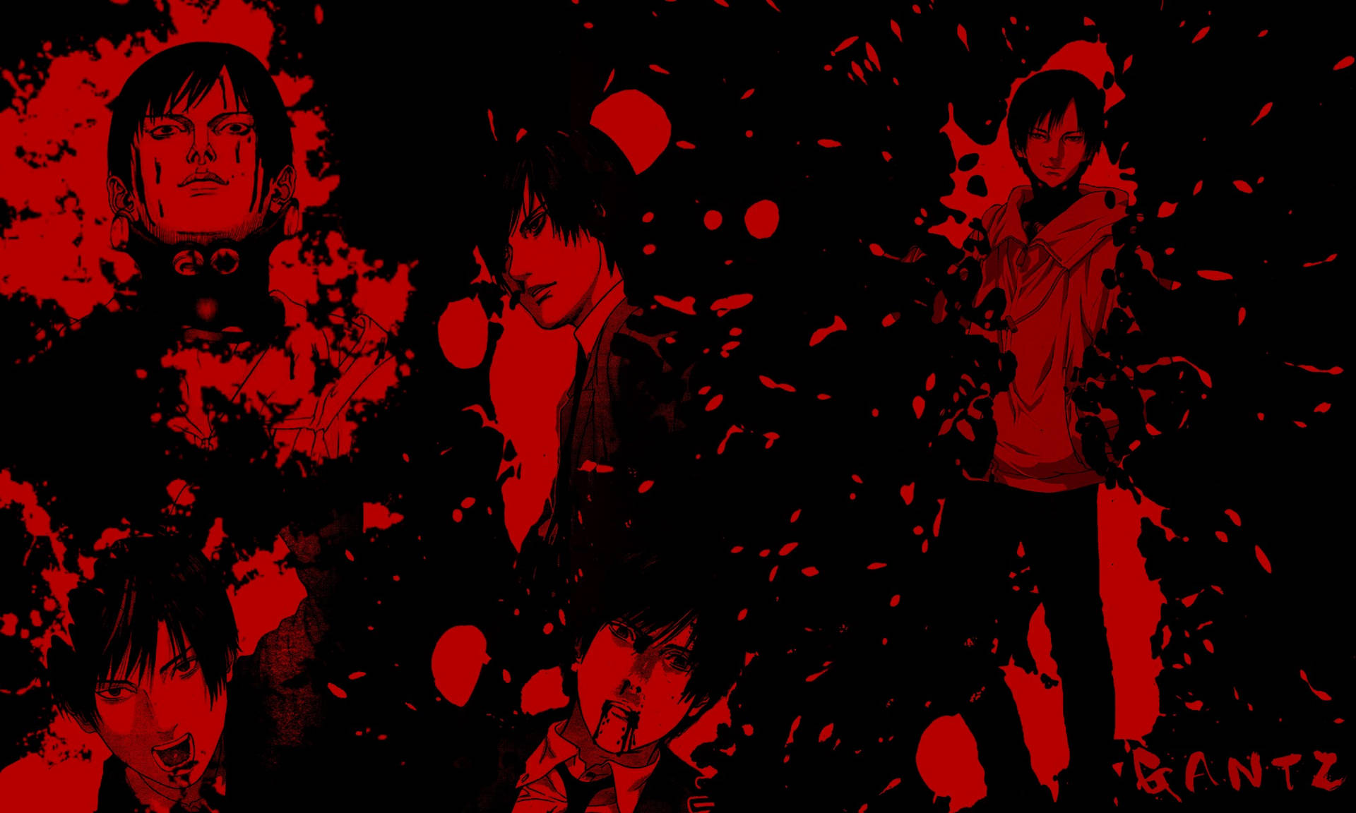 黑色背景上來自 GANTZ 的動漫角色的紅色潑濺圖形。