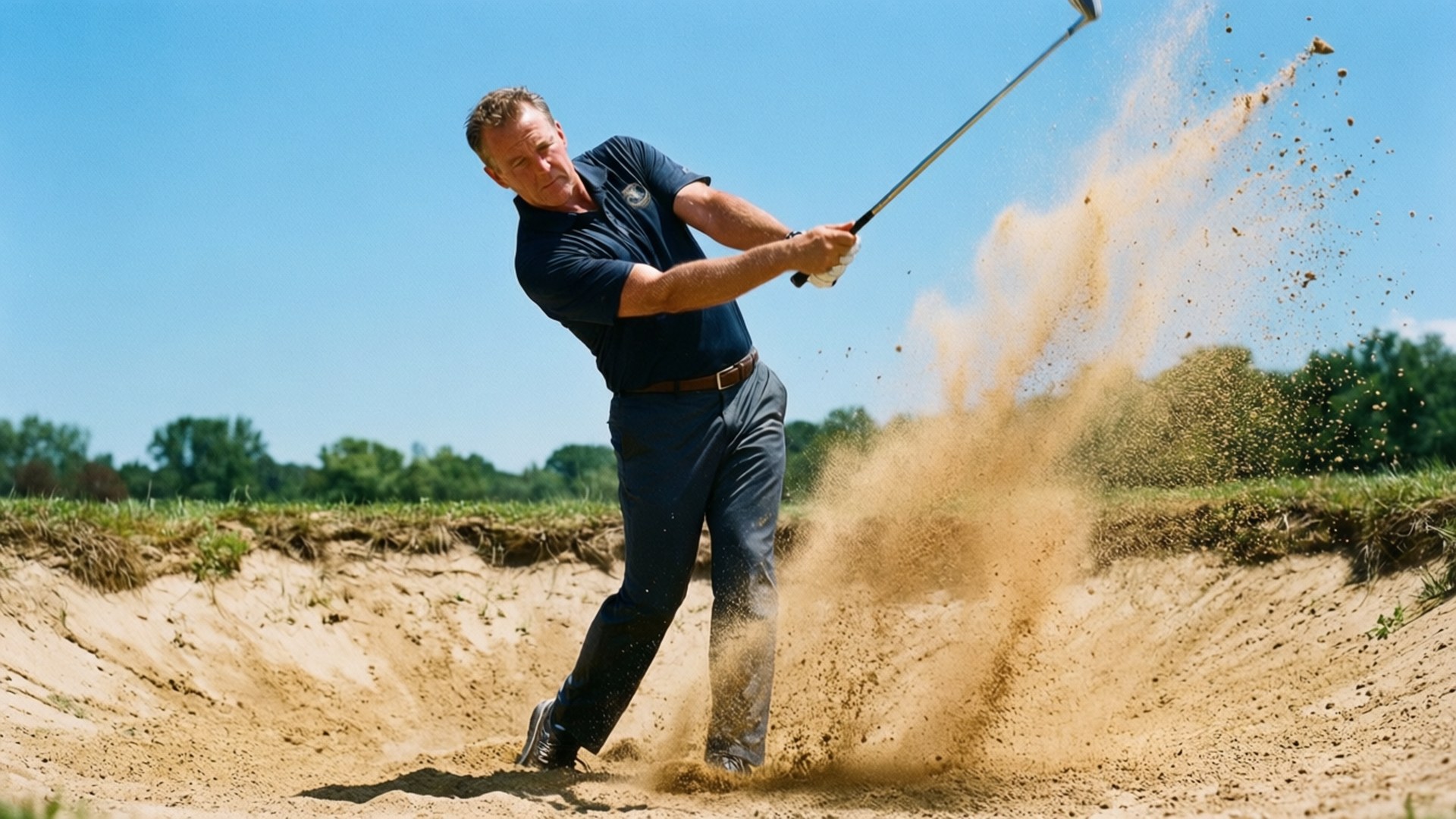 Sand Trap Explosion 壁紙 — 一名高爾夫球手從沙坑中揮桿，在晴朗的藍天下將沙子戲劇性地噴灑到空中。
