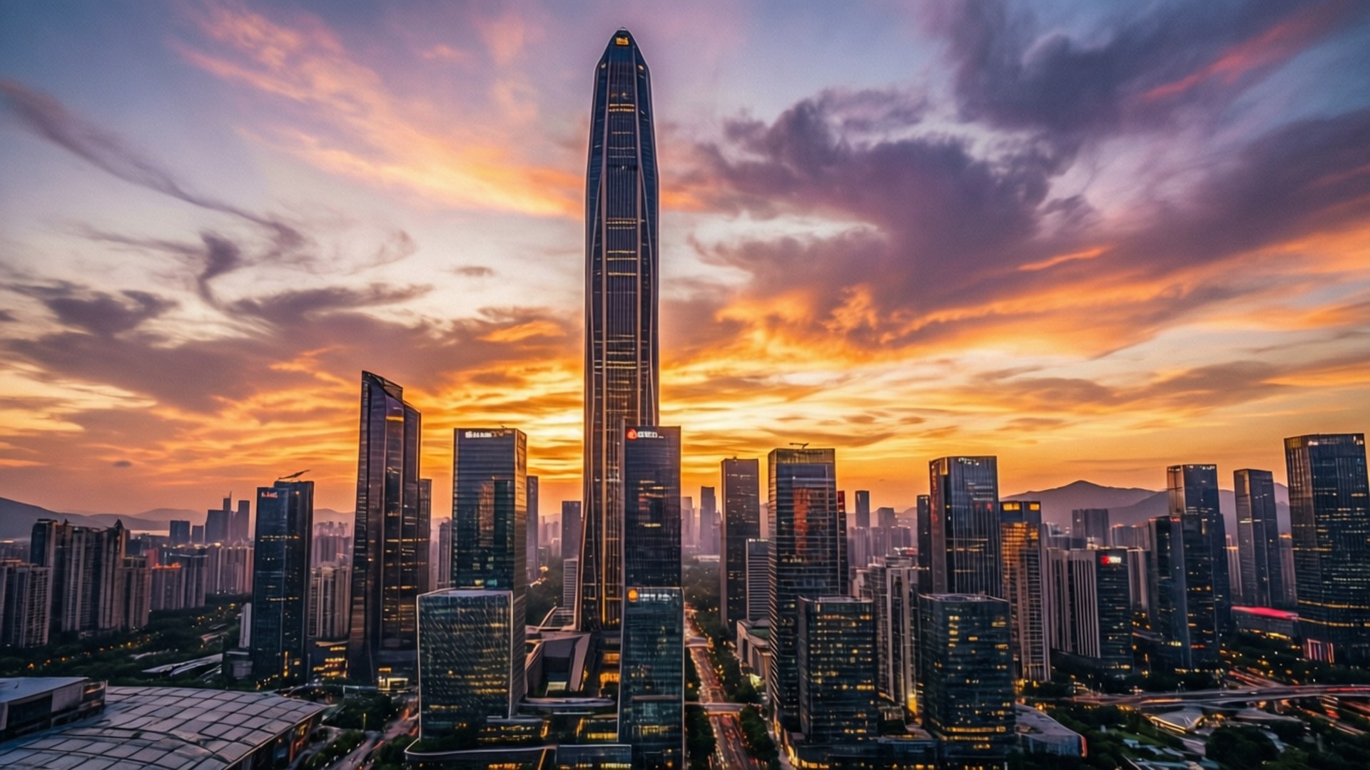 Shenzhen 桌布 壁紙 — 一座高聳的摩天大樓在日落時分主導著未來主義的城市景觀，伴隨著火紅色的雲彩和發光的窗戶。