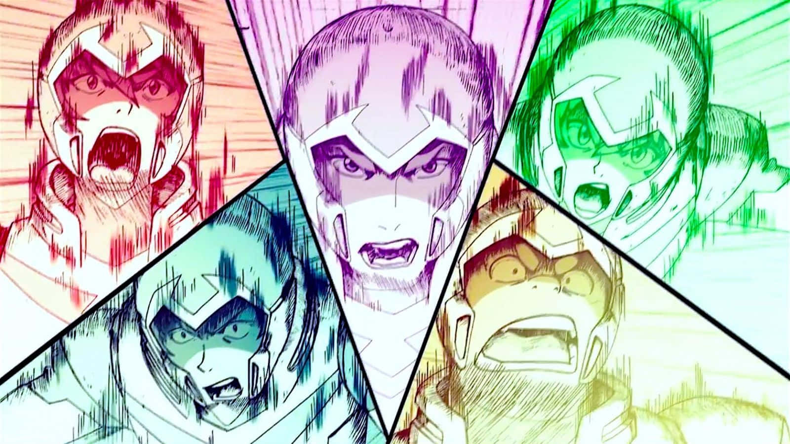 《勇者王GaoGaiGar》駕駛員群像拼貼壁紙 壁紙 — 五個戴頭盔的動漫角色在彩色三角形面板上以強烈的表情尖叫。