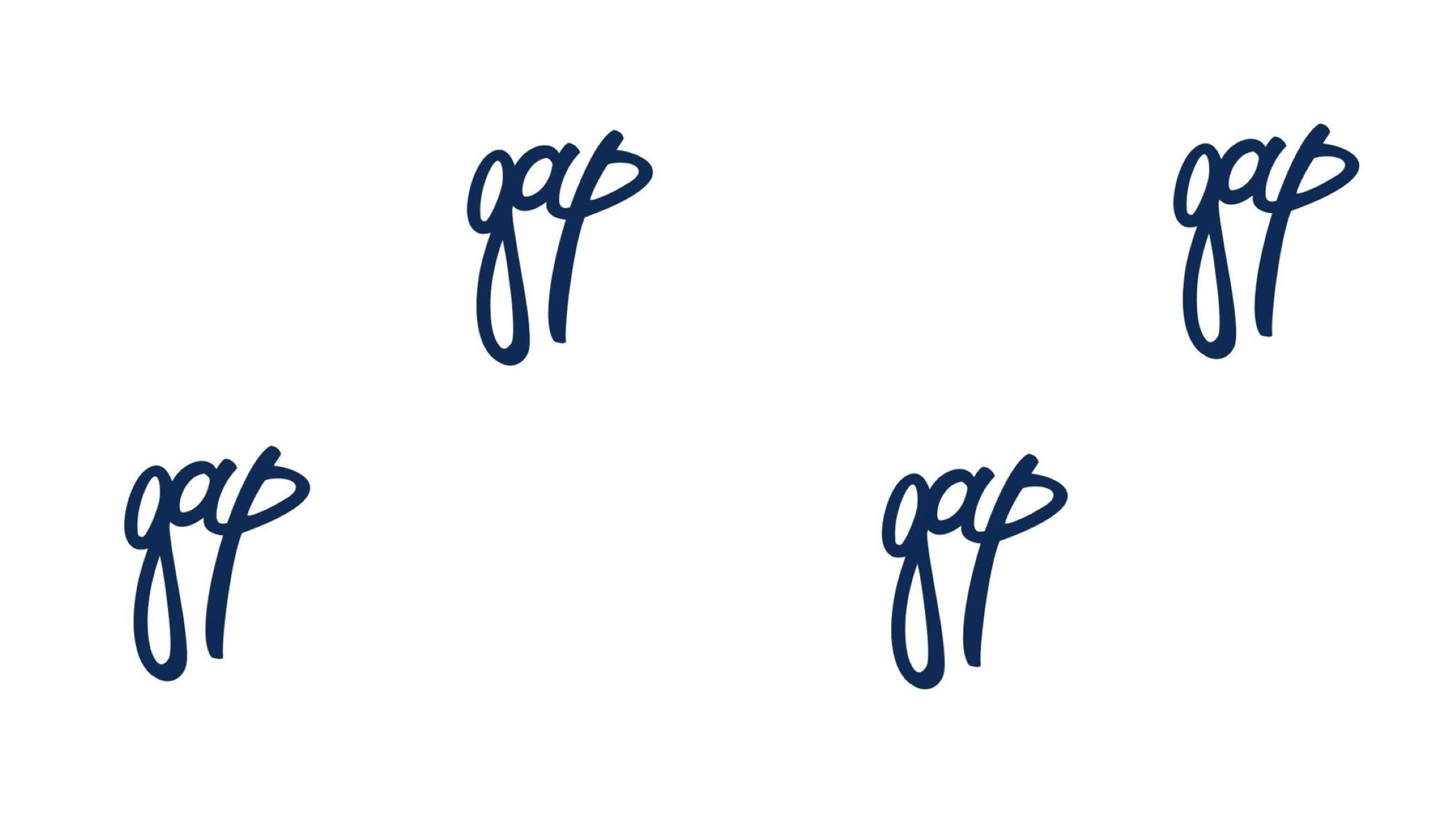 Gap 品牌新概念草書字標 壁紙 — 五個海軍藍手寫「gap」標誌散落在潔白背景上。