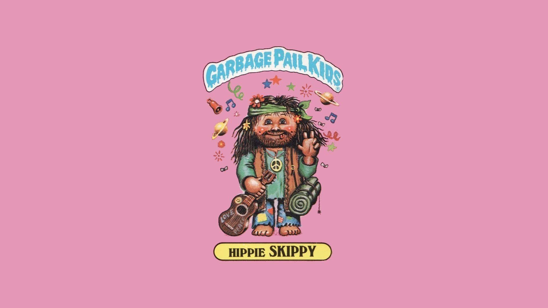 Garbage Pail Kids 滴落風格 - Hippie Skippy 壁紙 — 來自 Garbage Pail Kids 的 Hippie Skippy 在純粉紅色背景上愉快地揮手，背景有漂浮的音樂符號和星星。