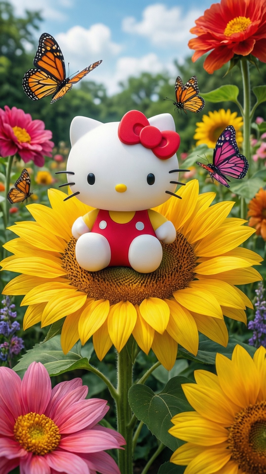 Hello Kitty 毛公仔坐在向日葵上，與蝴蝶和色彩繽紛的花朵在花園中。