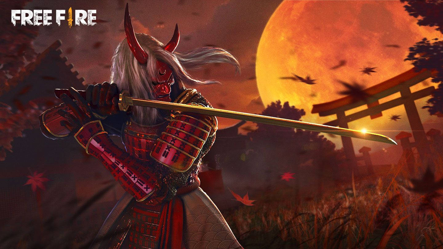 惡魔武士在橙色月亮下持劍，伴隨著落葉和鳥居。