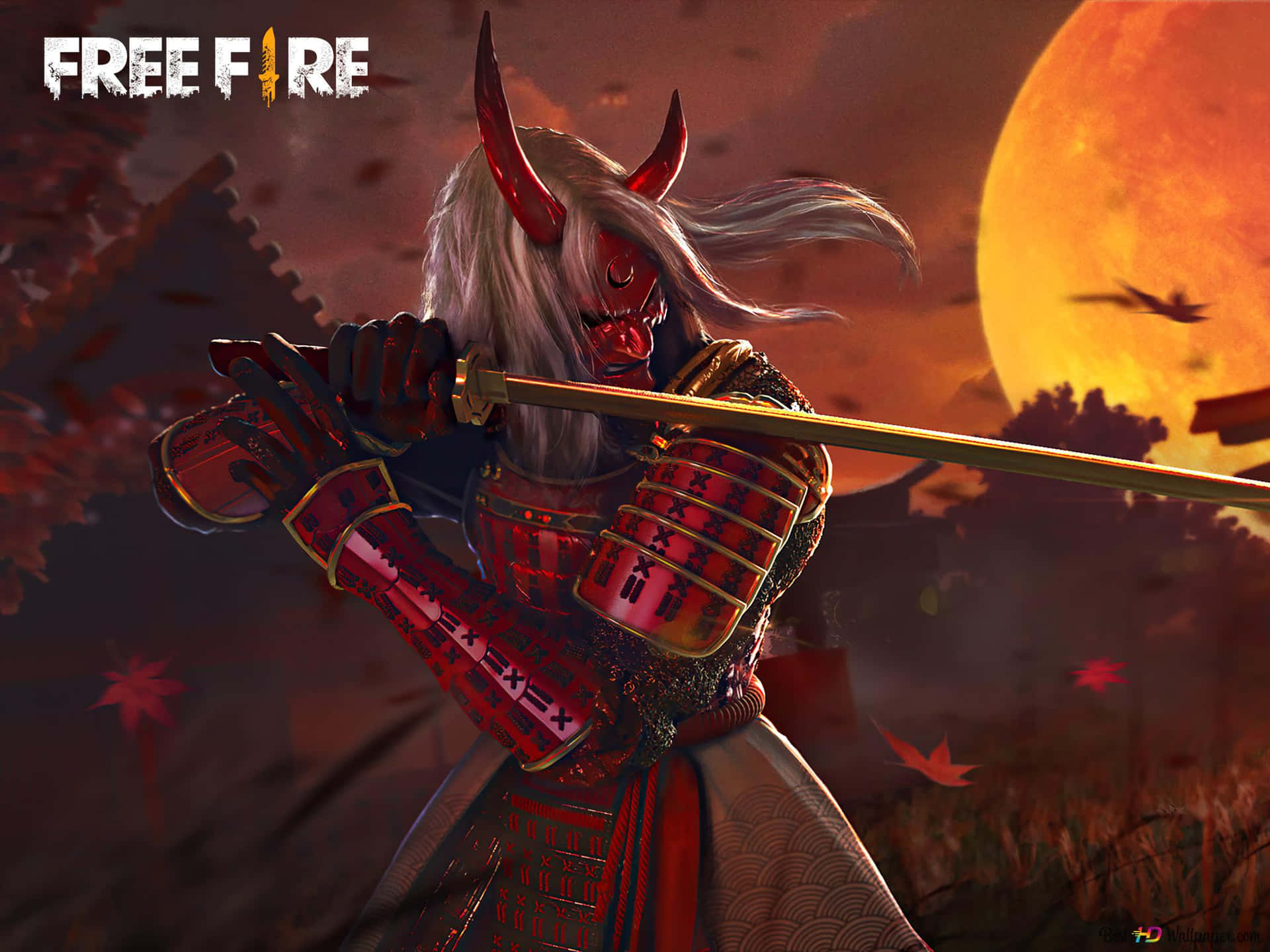 身穿紅色盔甲的惡魔武士戰士，在發光的橙色太陽下持劍。