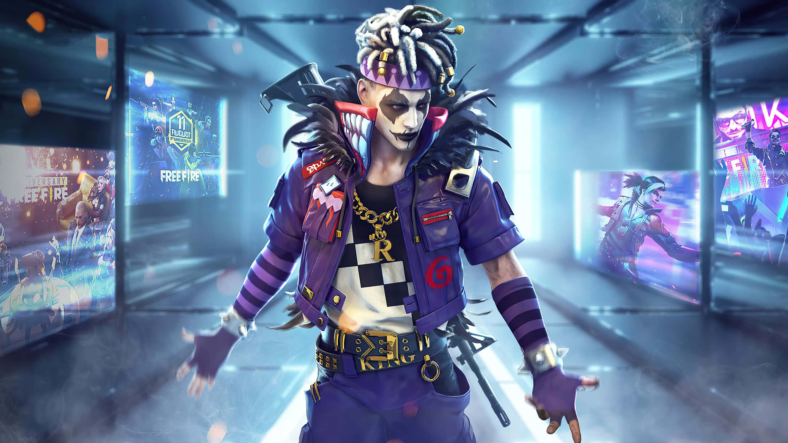 Garena Free Fire Joker角色 壁紙 — 一個風格化的遊戲角色，留著辮子頭和小丑妝容，自信地站在霓虹燈照亮的未來主義走廊中。
