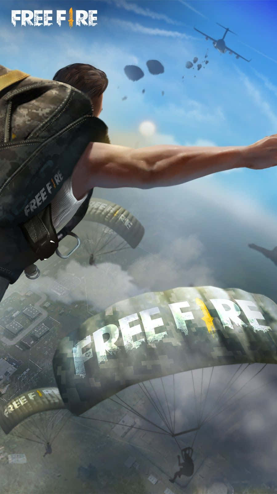 在Free Fire遊戲中，一名士兵在城市上空跳傘。