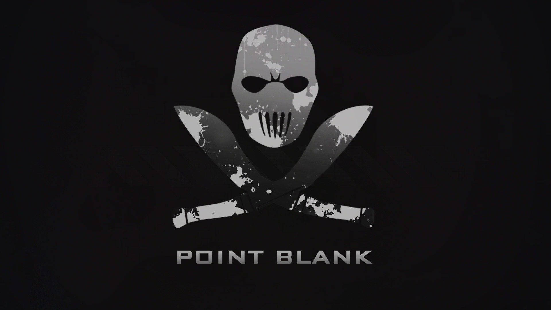 骷髏頭與交叉刀片標誌，帶有潑濺效果和文字 point blank