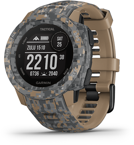 迷彩戰術智慧手錶 Garmin 壁紙 — 一款戰術型Garmin智能手錶，配備數碼顯示屏，顯示時間、海拔和日期，搭配數碼迷彩錶帶。