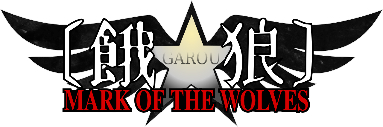Garou Mark of the Wolves 標誌 壁紙 — 大膽的標誌，帶有日本漢字和英文文字「MARK OF THE WOLVES」，兩側有帶翼星星，背景為黑色。