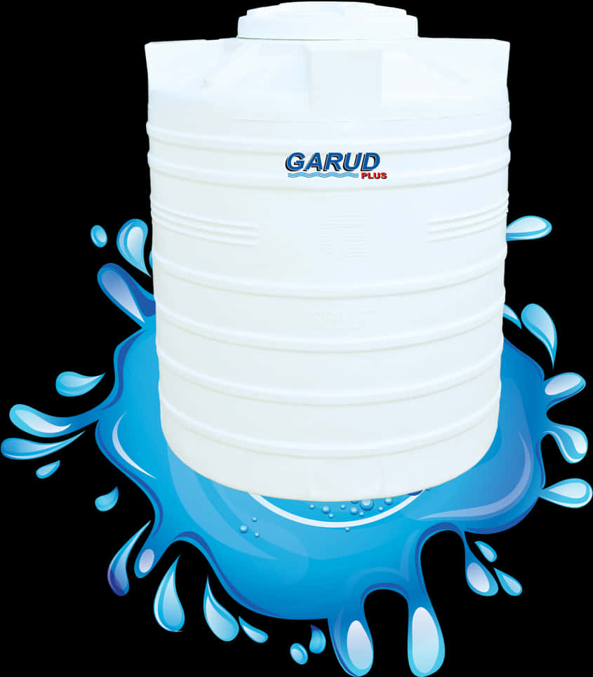 GARUD Plus塑膠水箱飛濺圖 壁紙 — 一個白色塑膠水缸，品牌為GARUD PLUS，被動態藍色水花環繞，背景為黑色。