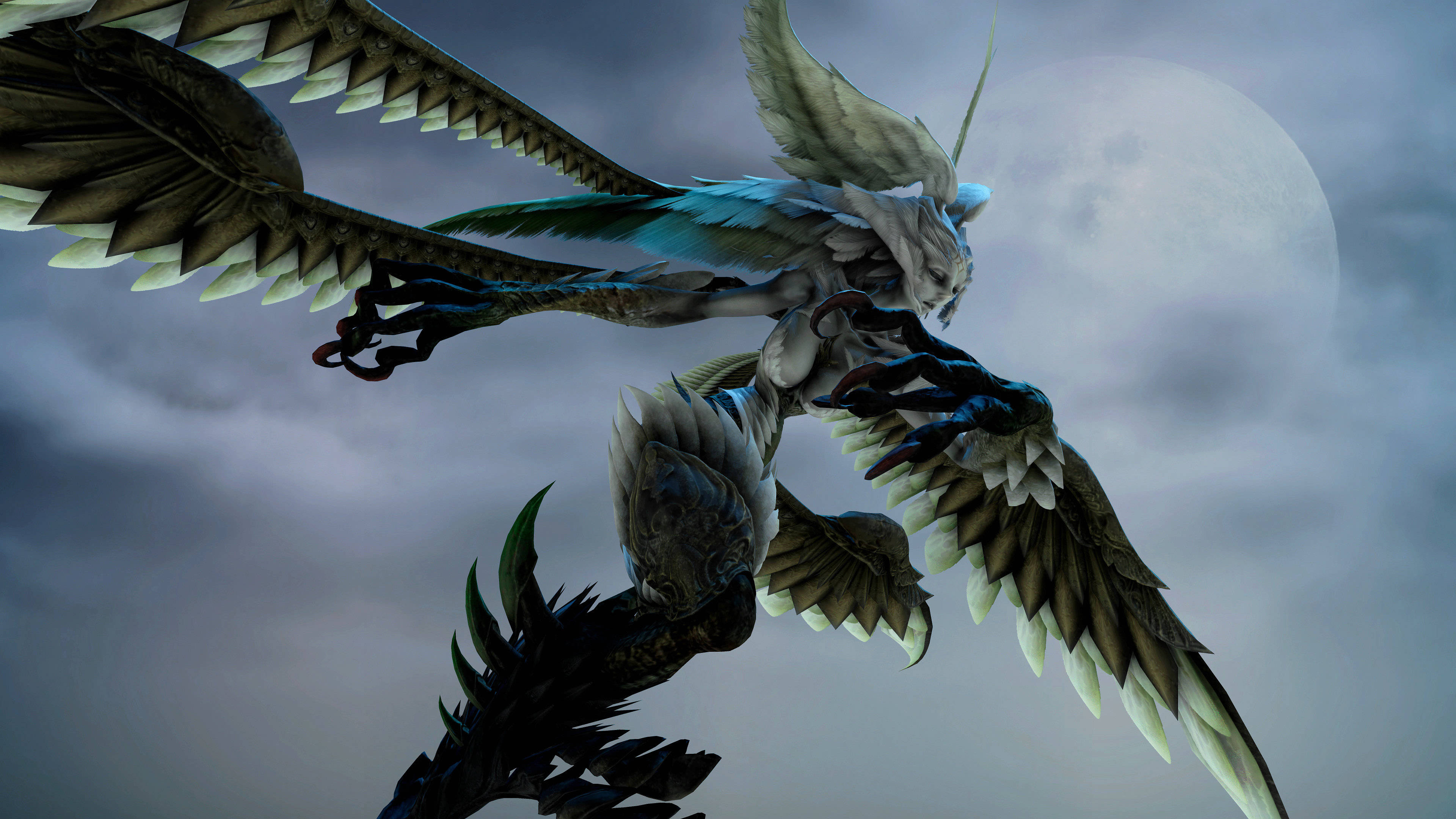 最終幻想 Garuda 飛行中 壁紙 — 一隻擁有青綠色和棕色羽毛的雄偉有翼生物，在佈滿雲層的夜空翱翔，背後有一輪巨大的月亮。