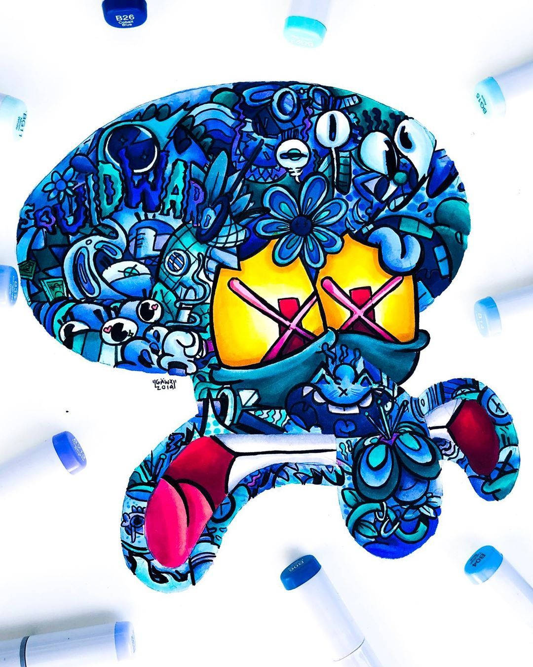 Gawx Art 藍色章魚哥 壁紙 — 一個充滿活力的藍色塗鴉風格卡通角色，黃色臉龐，粉紅色X眼睛，周圍環繞著馬克筆蓋。