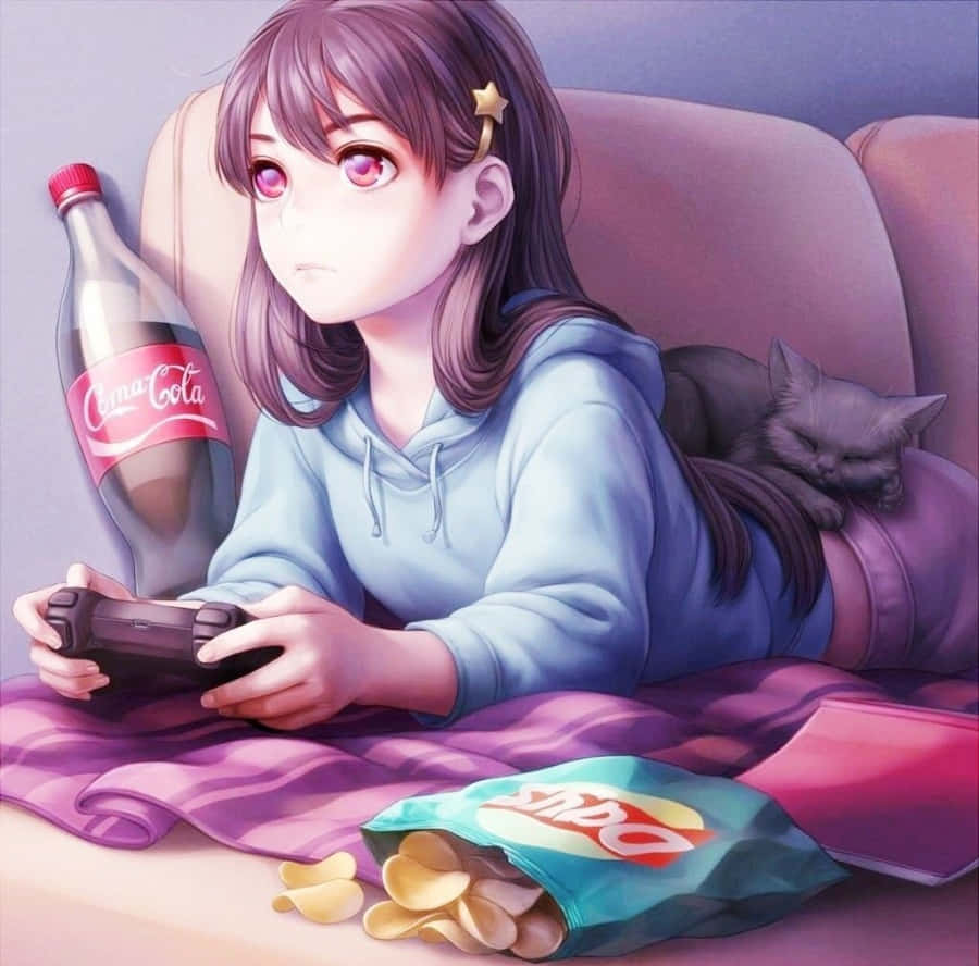  壁紙 — 一個穿著藍色連帽衫的年輕動漫女孩在沙發上玩遊戲，旁邊有一隻睡著的貓和一袋薯片。