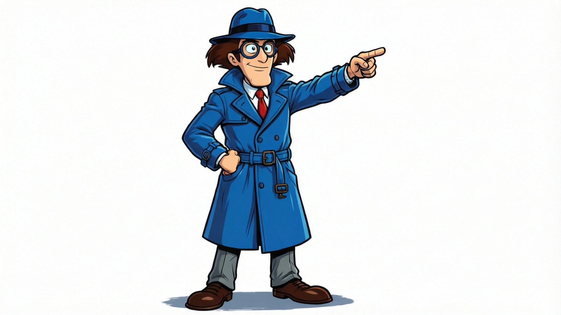 Inspector Gadget 桌布 壁紙 — 一個穿著藍色風衣和帽子的卡通偵探，自信地單手指向前方，面帶微笑。
