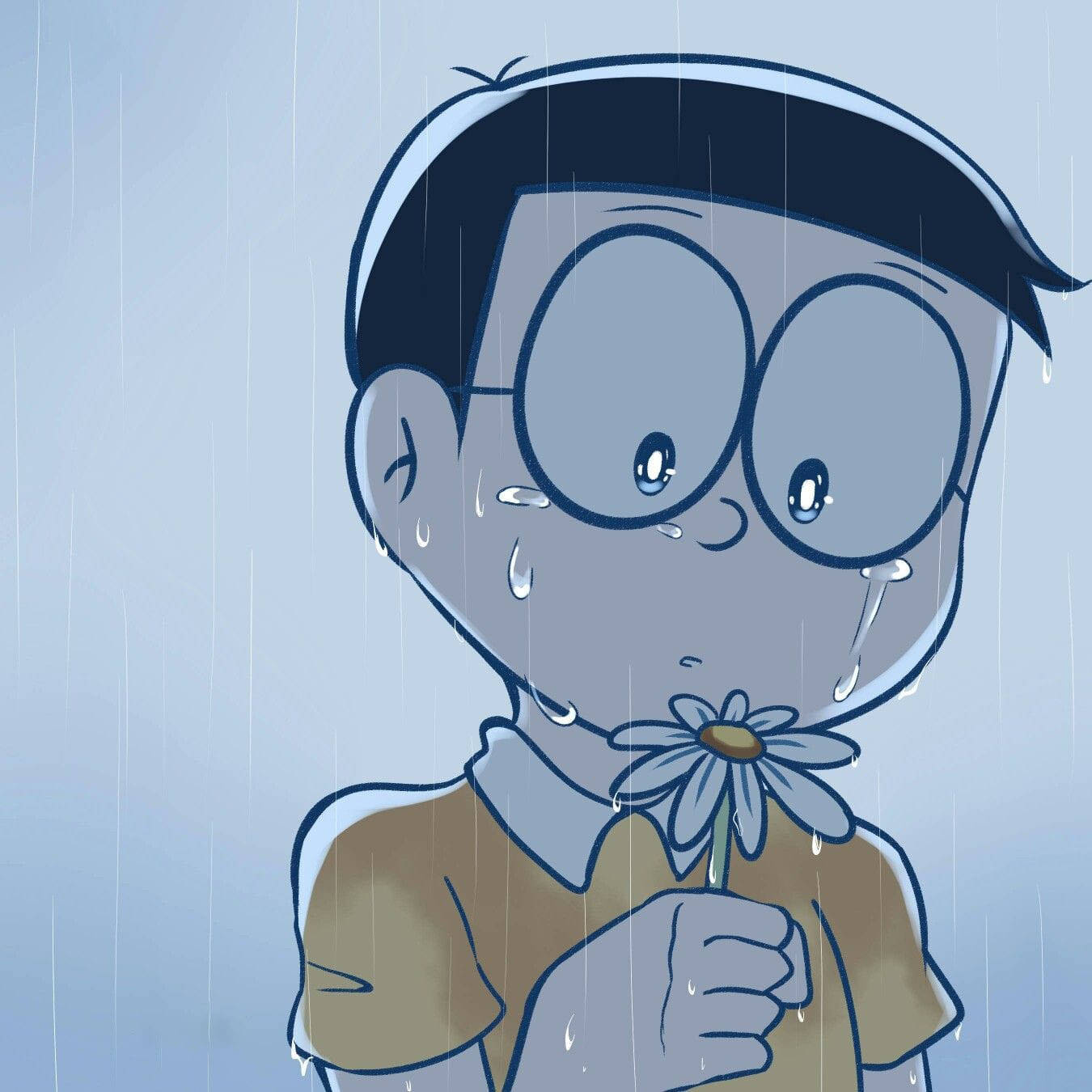 悲傷的動漫男孩在雨中手持雛菊，淚水落下。