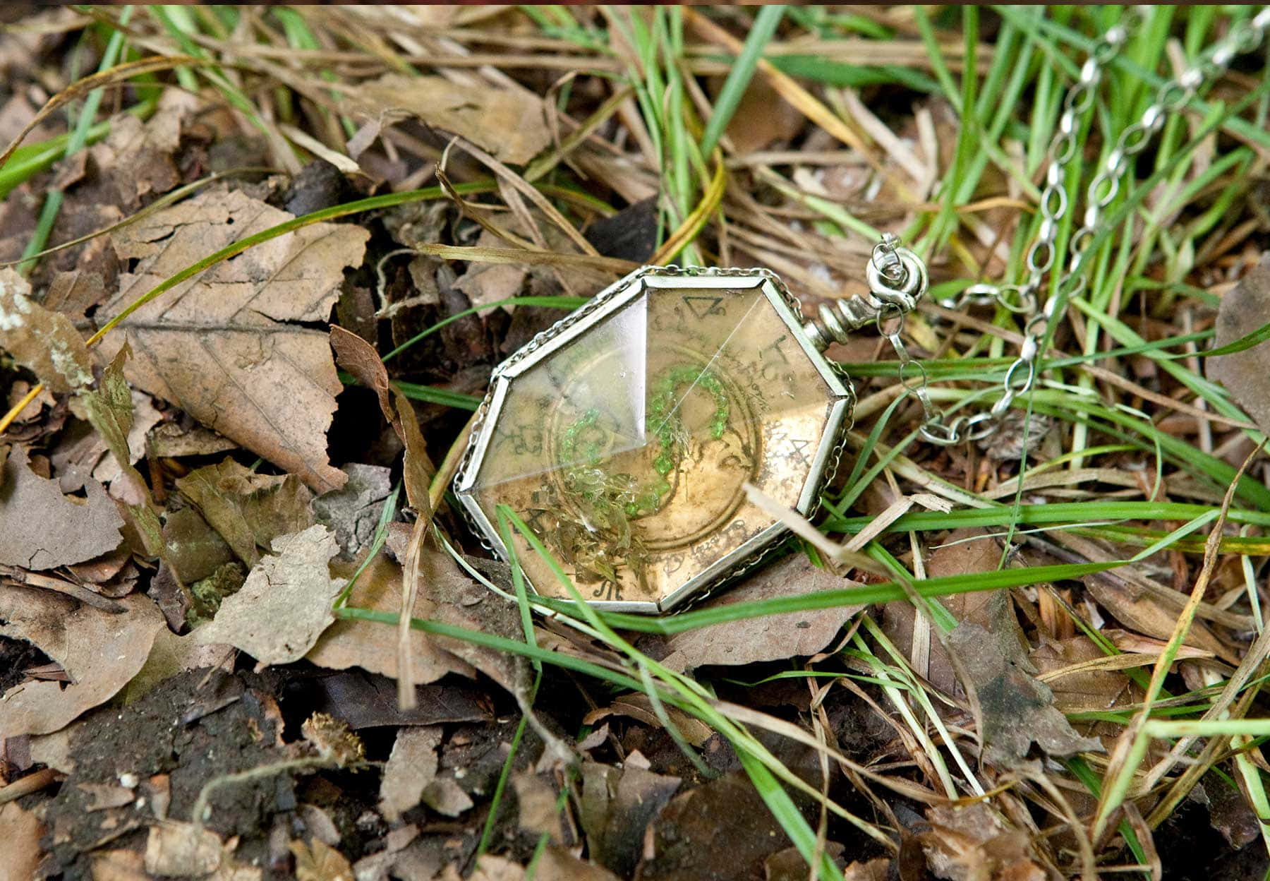  壁紙 — 一個帶有暗淡錶盤的古董八角形懷錶被遺棄在綠草和棕色落葉之間。