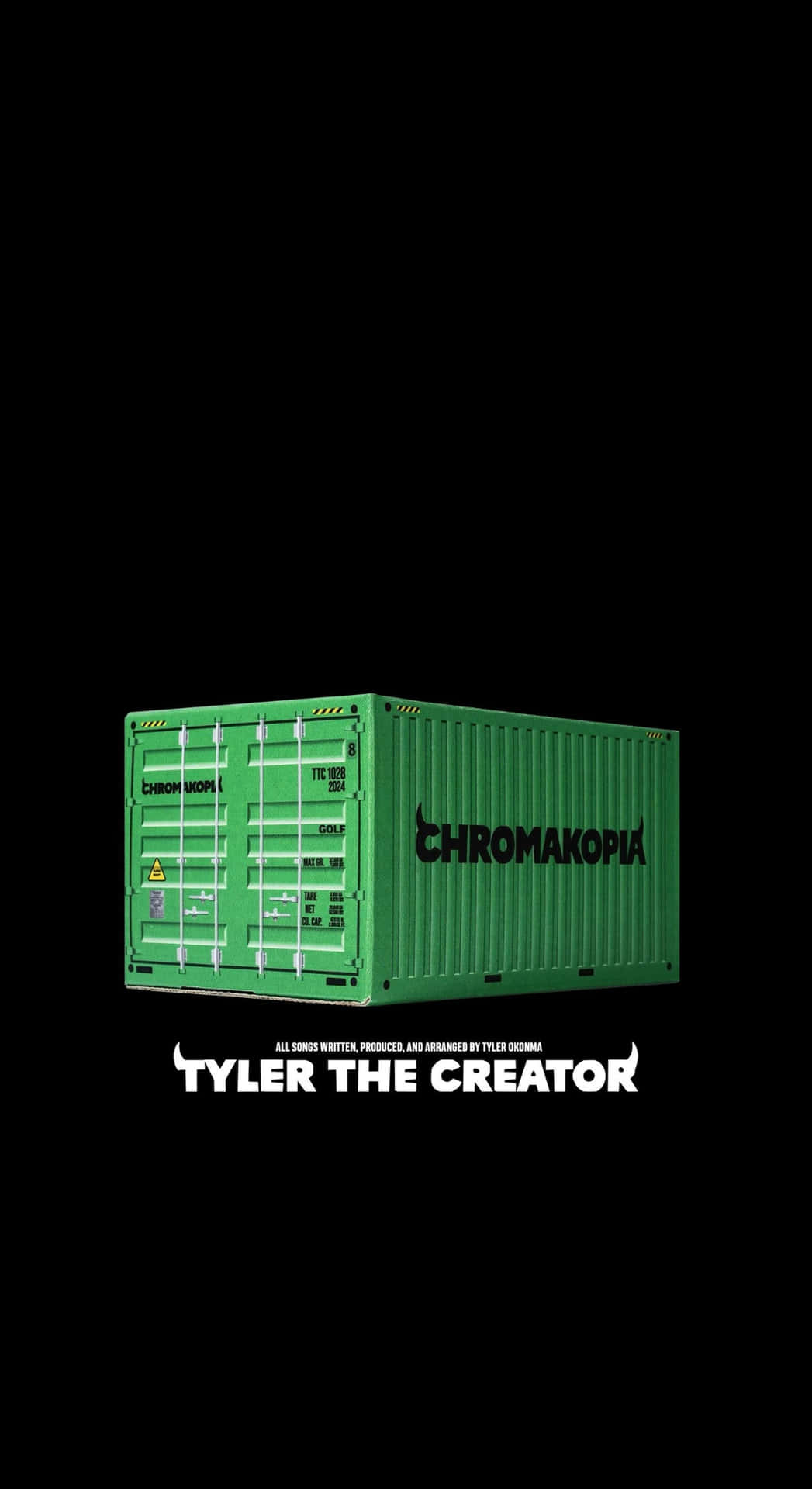  壁紙 — 一個帶有 'CHROMAKOPIA' 品牌的亮綠色貨運集裝箱，孤立地立在黑色背景上，下方有 Tyler the Creator 的專輯標題和製作人員名單。