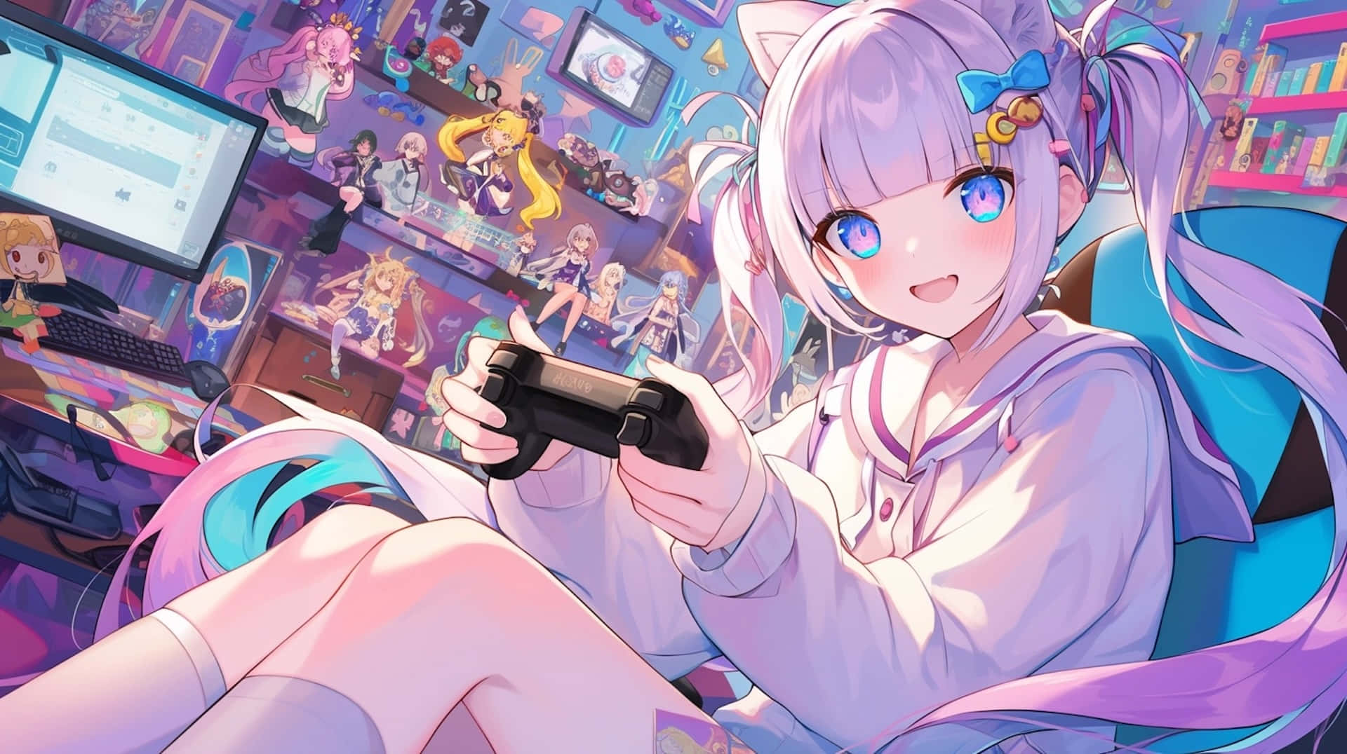 Needy Streamer Overload 桌布 壁紙 — 一個戴著貓耳、紫色頭髮的開朗動漫女孩，在一個充滿動漫公仔和發光屏幕的充滿活力的雜亂房間裡玩電子遊戲。