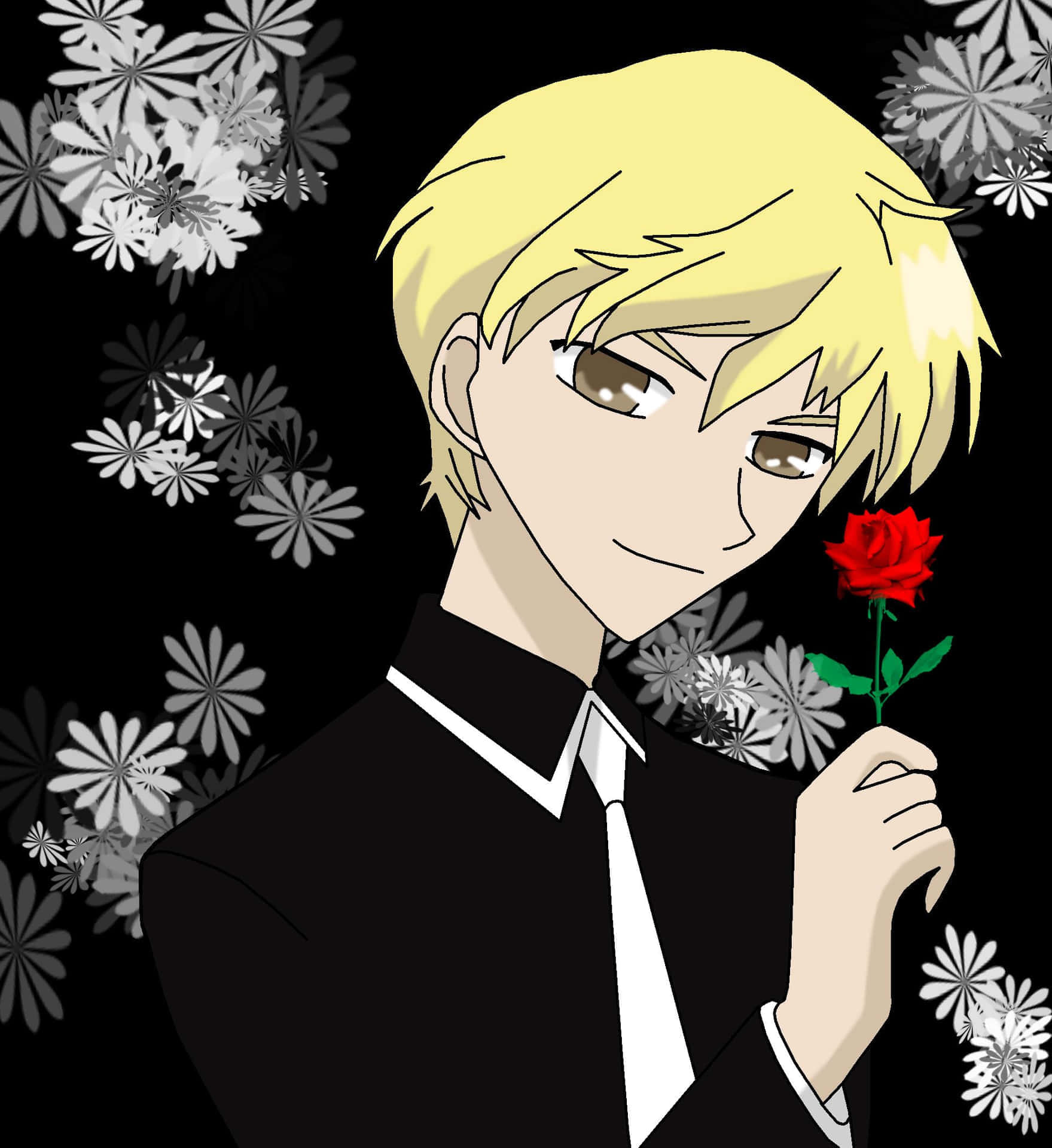  壁紙 — 一個金髮動漫男孩穿著黑色西裝，在黑色背景上拿著一朵紅玫瑰，背景有白色花朵。
