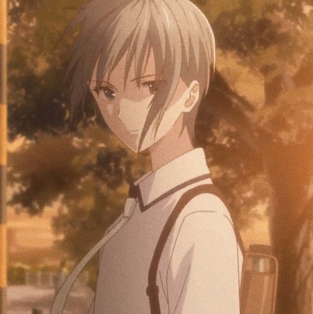  壁紙 — 一個灰髮、身穿白恤衫的年輕動漫男孩，站在溫暖的金色陽光中，陽光穿過秋天的樹木灑落下來。