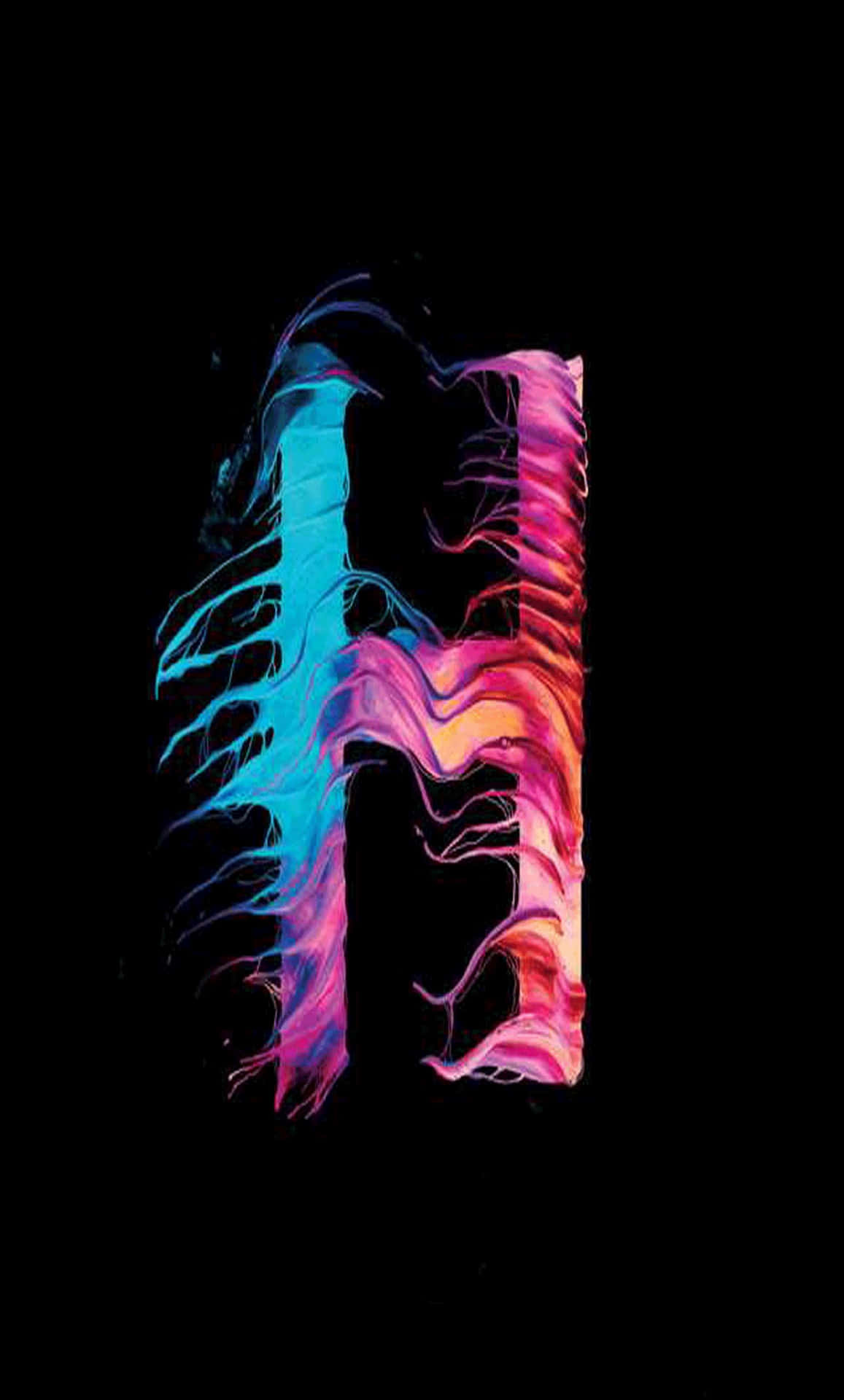  壁紙 — 一個風格化的字母H，帶有電光藍和熾熱粉紅的霓虹油漆滴，背景為黑色。