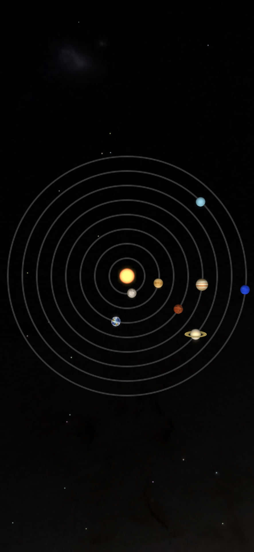  壁紙 — 一個風格化的太陽系圖，行星圍繞明亮的太陽運行，背景是繁星點點的黑色。