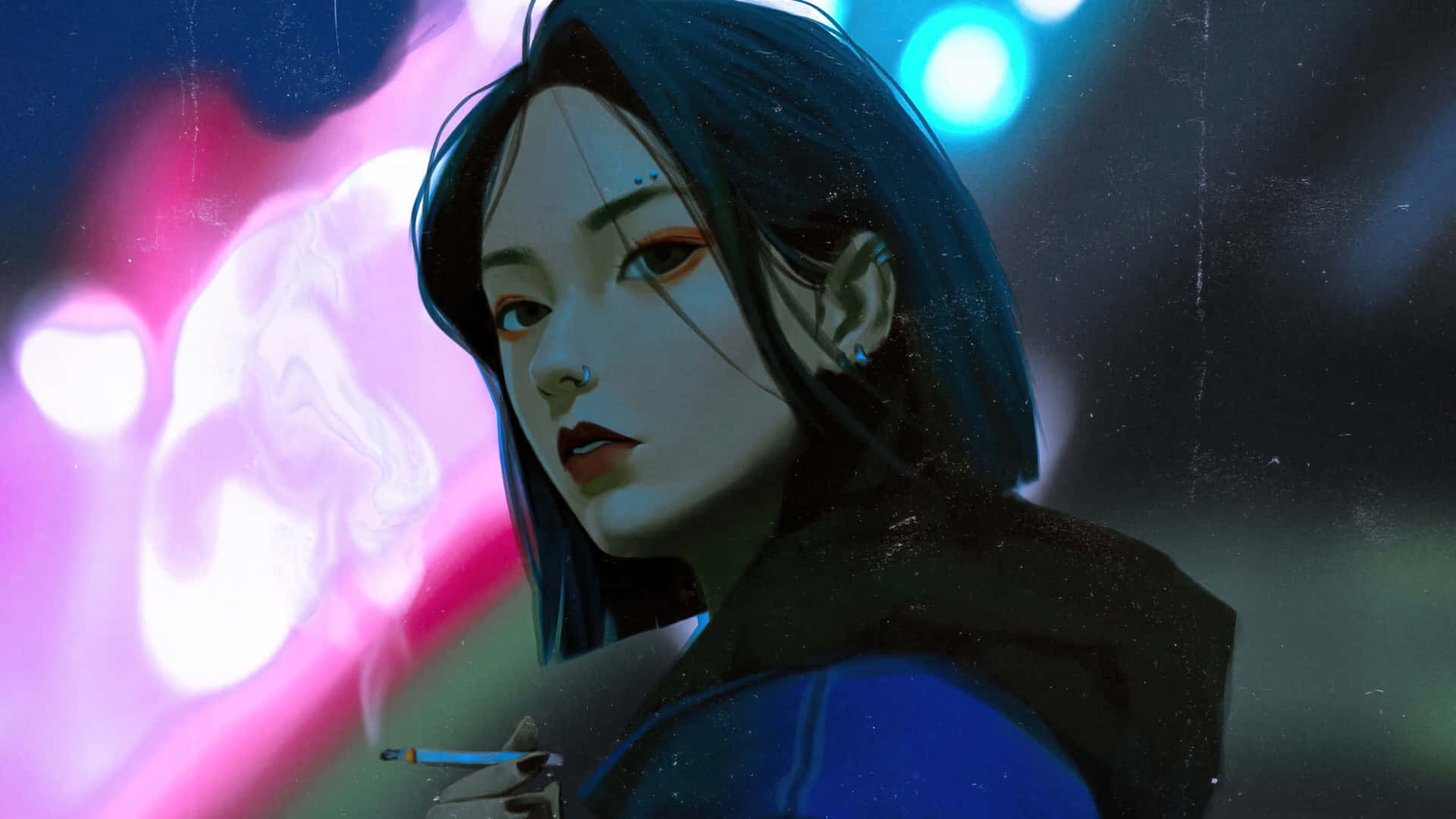  壁紙 — 一個風格化的動漫女孩，深色頭髮和紅色眼睛，在霓虹燈照亮的城市背景下抽煙，背景有粉紅色和藍色的散景燈光。