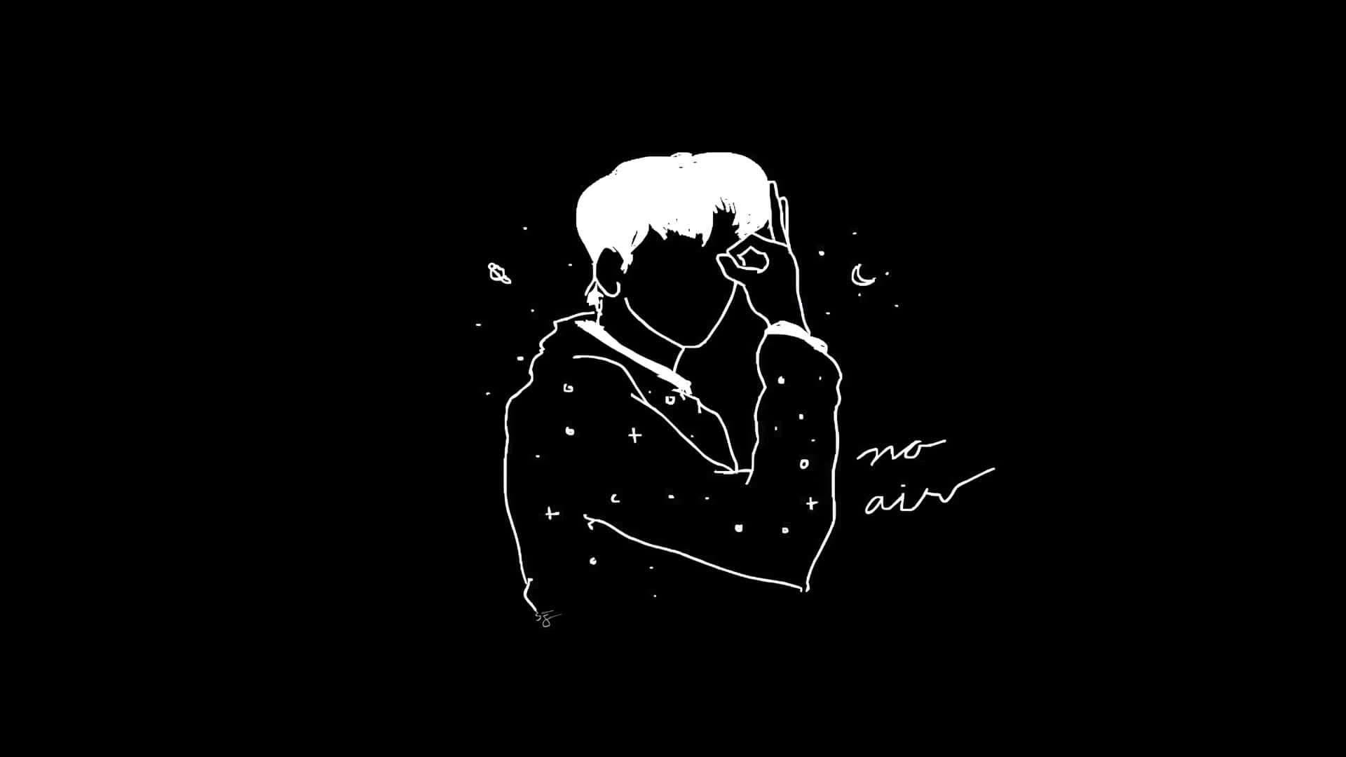  壁紙 — 一個極簡風格的白色線條畫，描繪一個短髮人物在黑色背景上做出OK手勢，背景散落著星星和一彎新月。
