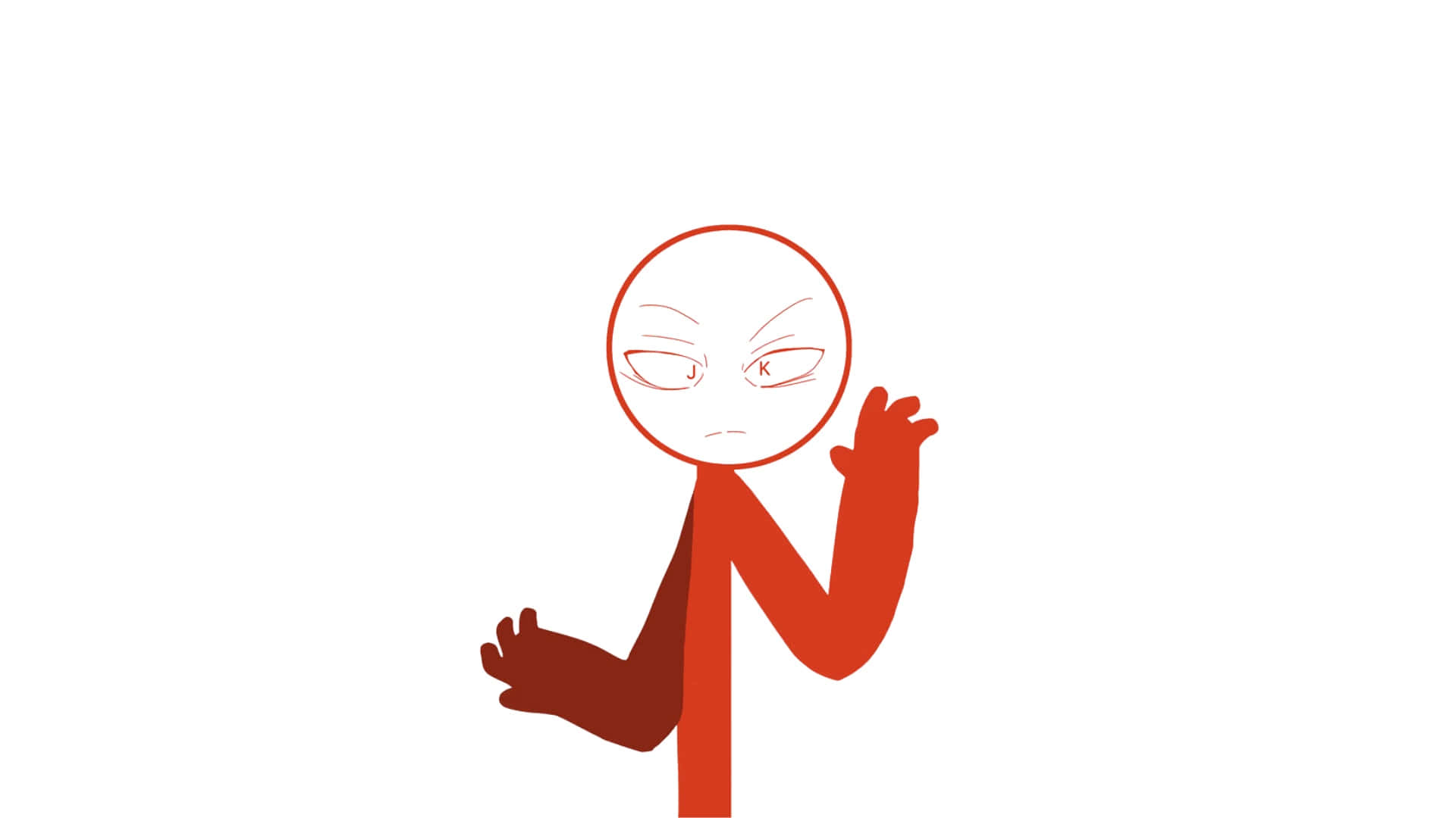  壁紙 — 一個極簡風格的紅色火柴人，帶有憤怒的眼睛和舉起的雙手，背景為純白色。