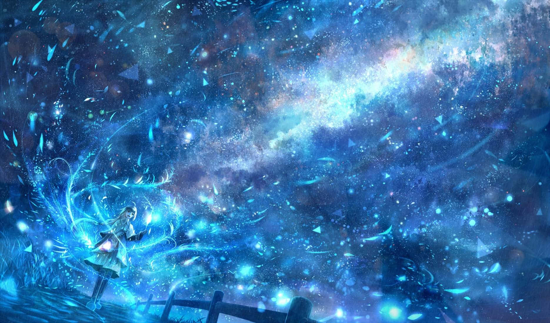  壁紙 — 一個孤獨的動漫女孩站在木橋上，下方是充滿發光藍色粒子和星光的旋轉宇宙天空。