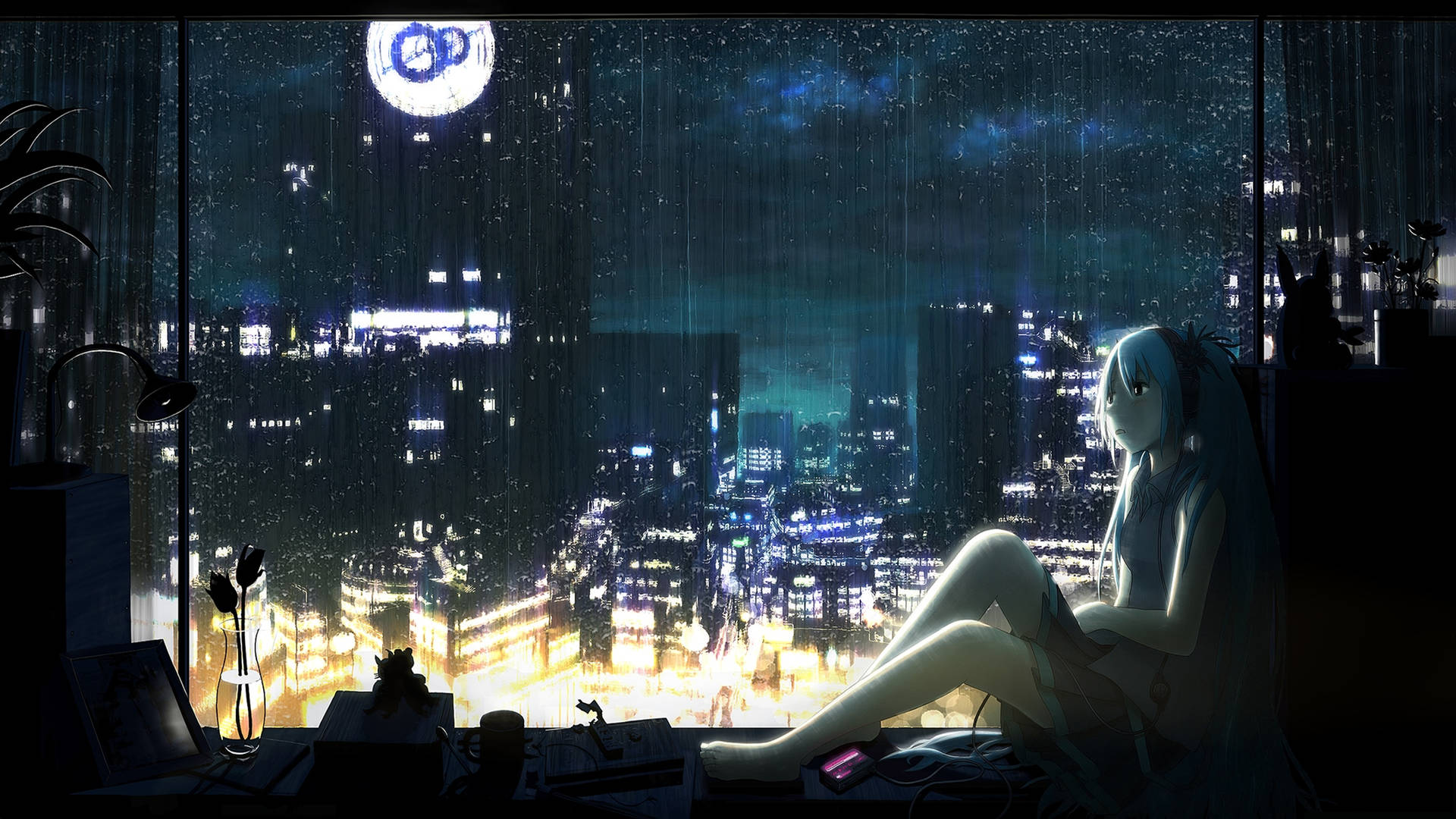 動漫女孩坐在窗邊觀看雨夜霓虹城市