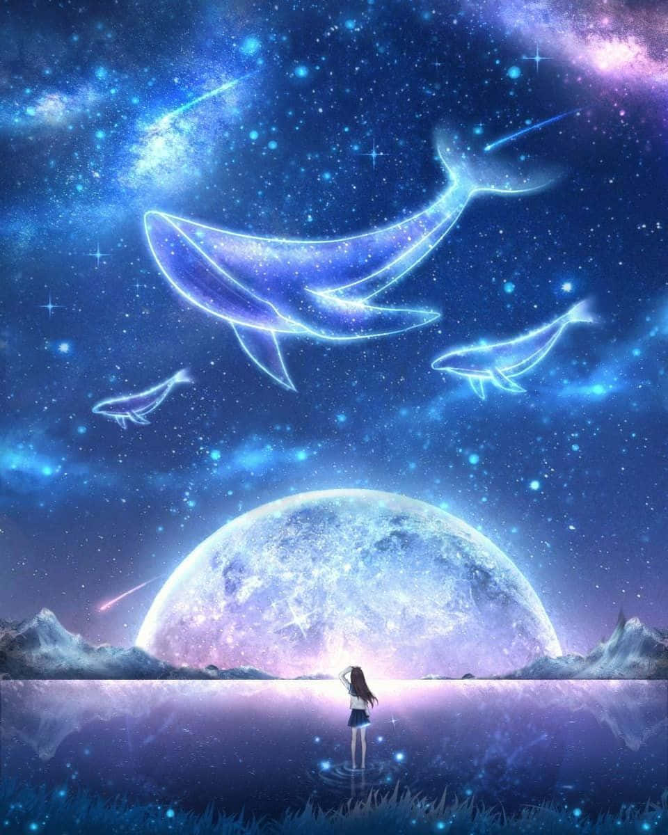女孩站在水邊，看著發光鯨魚在巨大月亮上方的星空中游動。