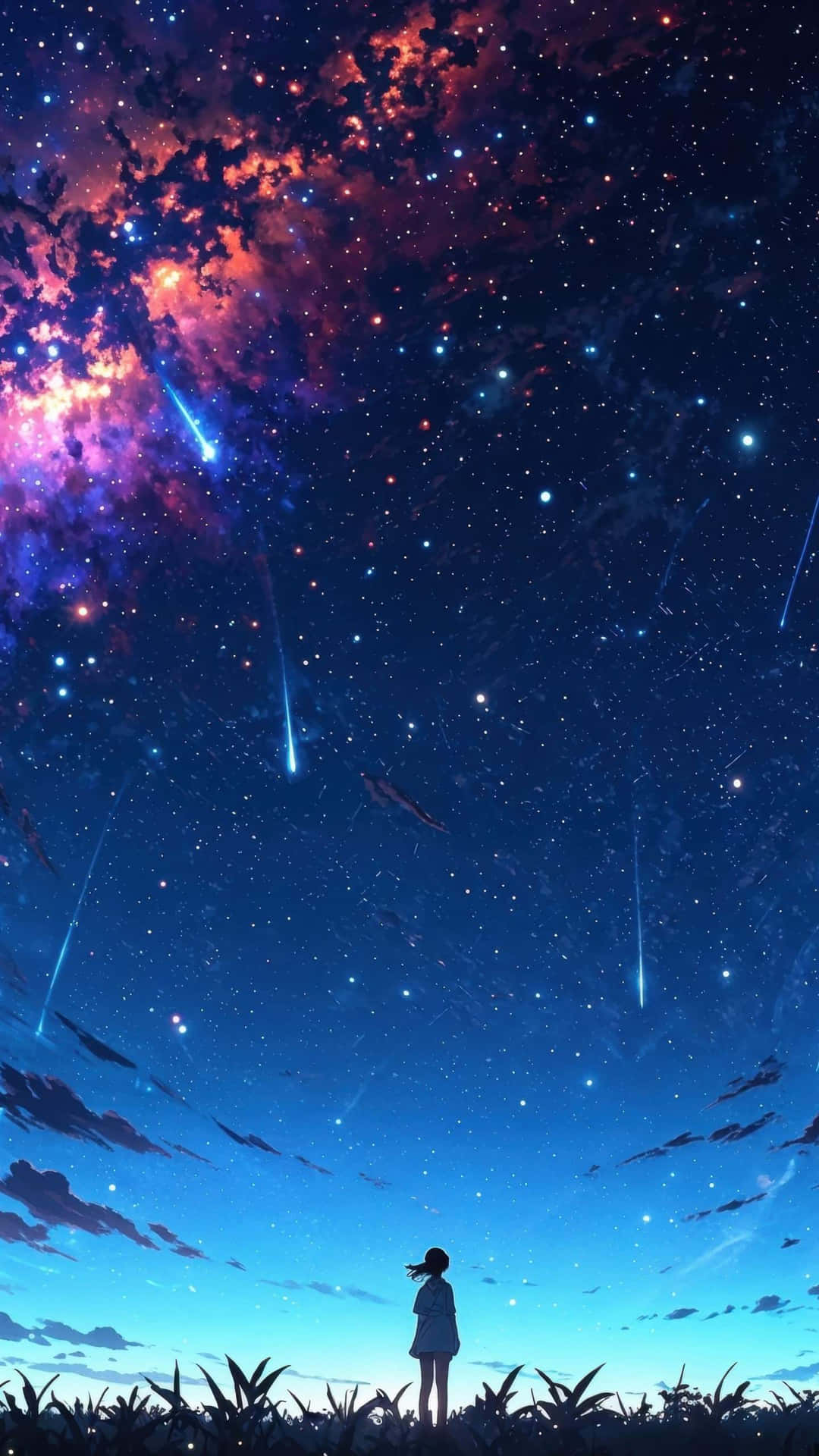  壁紙 — 一個孤獨的女孩站在田野中，仰望充滿流星和發光星雲的 vibrant 宇宙天空。