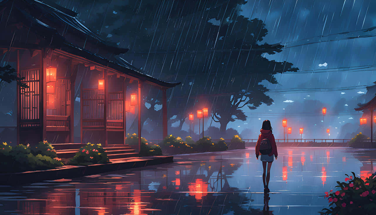  壁紙 — 一個孤獨的身影穿著紅色外套，在雨夜的日本街道上行走，被發光的燈籠照亮，燈籠在濕漉漉的人行道上反射。