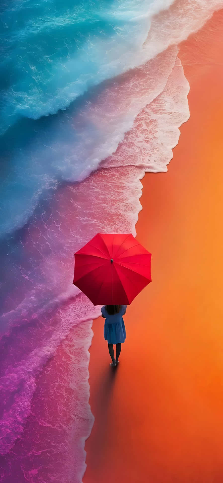  壁紙 — 一個孤獨的身影撐著紅色雨傘，沿著超現實的海灘行走，海浪從藍色漸變為橙色和粉紅色。