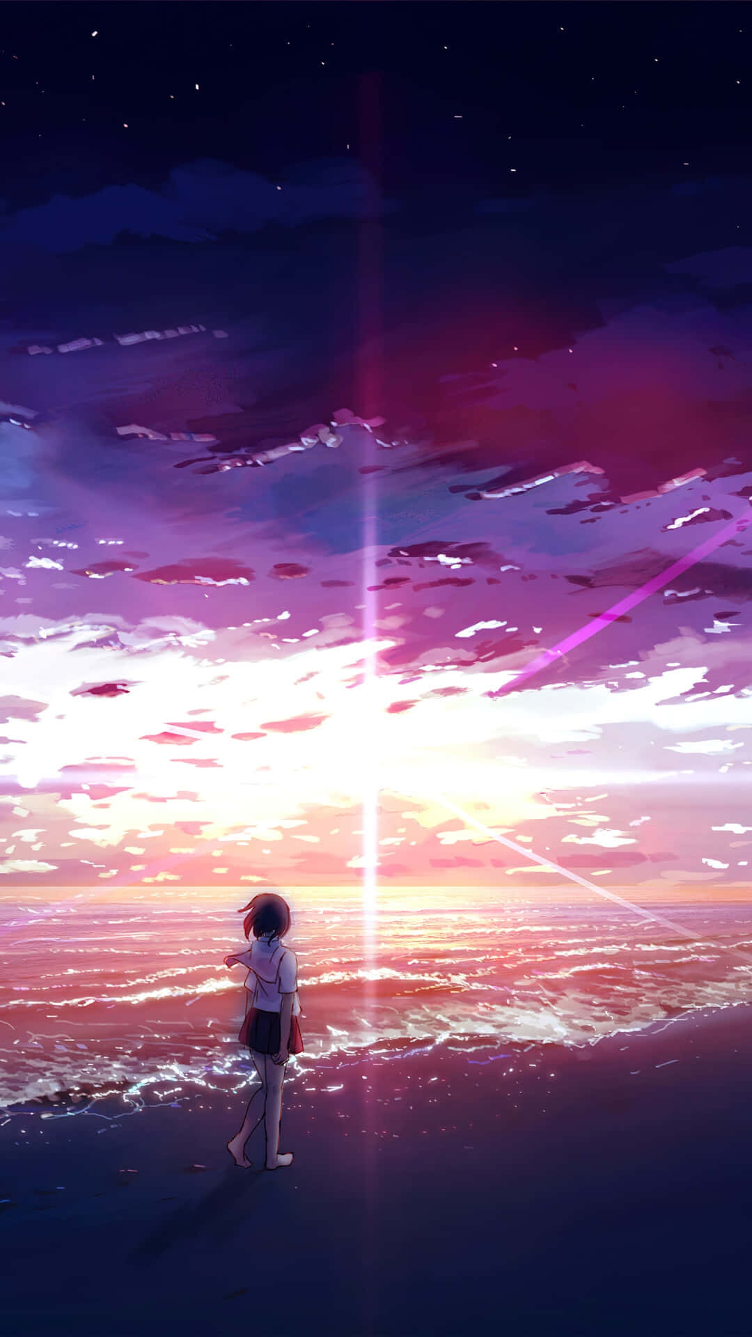 動漫女孩獨自站在暮色中的沙灘上，伴隨著發光的雲朵和星星。