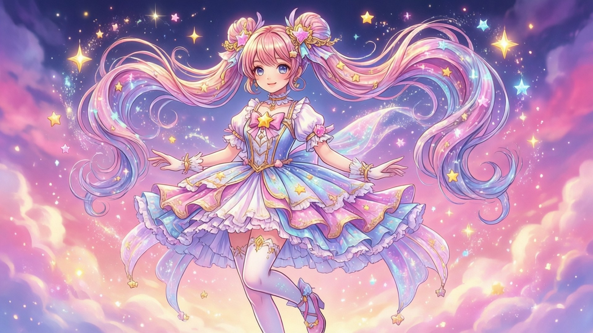 Anime YouTube Banner 桌布 壁紙 — 一個開朗的動漫女孩，擁有星星點綴的粉紅色和藍色頭髮，漂浮在充滿閃爍星星和柔和雲朵的夢幻天空中。