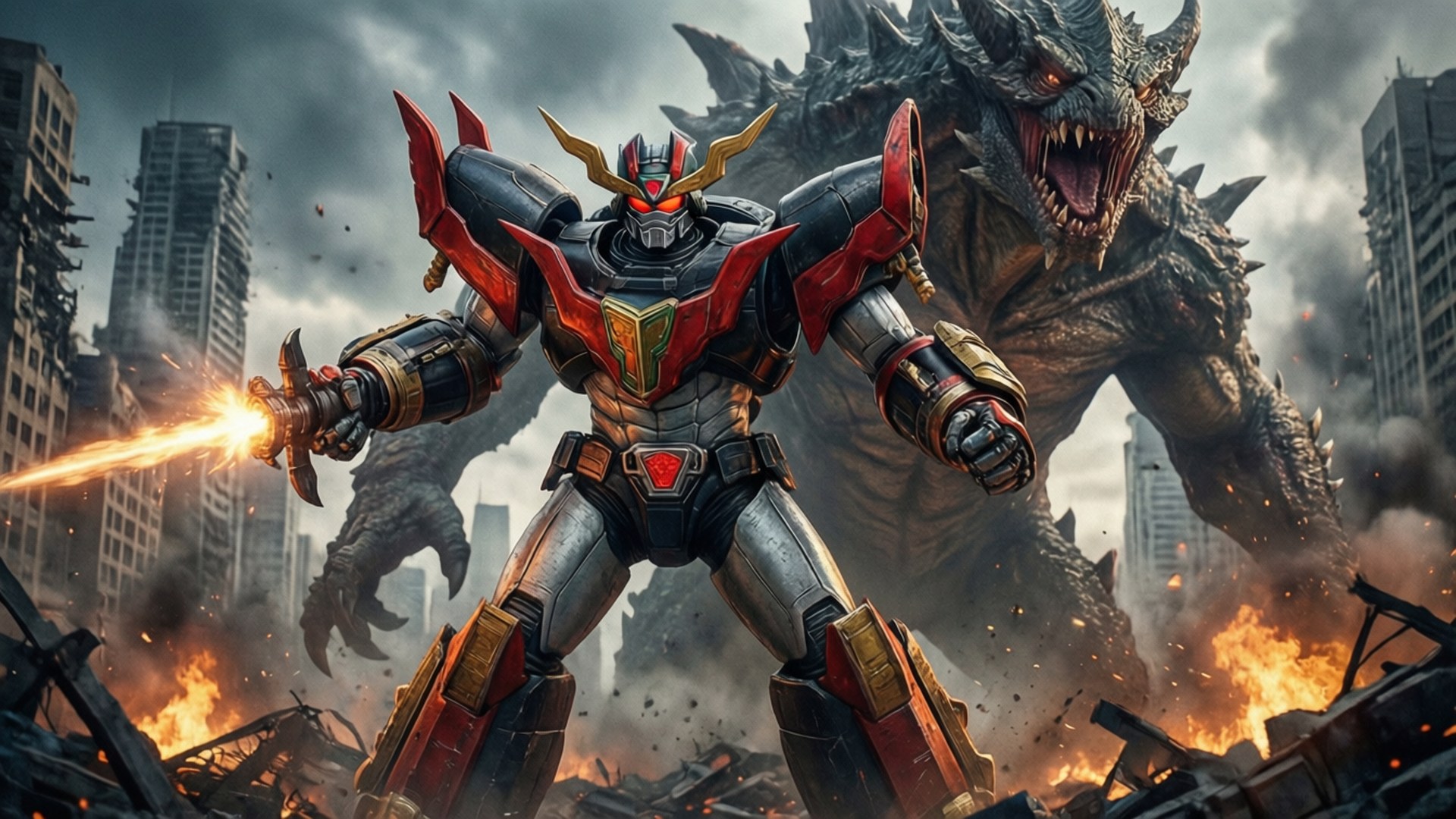 Megazord City Battle 壁紙 — 一個紅黑裝甲機械人在燃燒的城市景觀中向咆哮的巨型怪物發射光束武器。