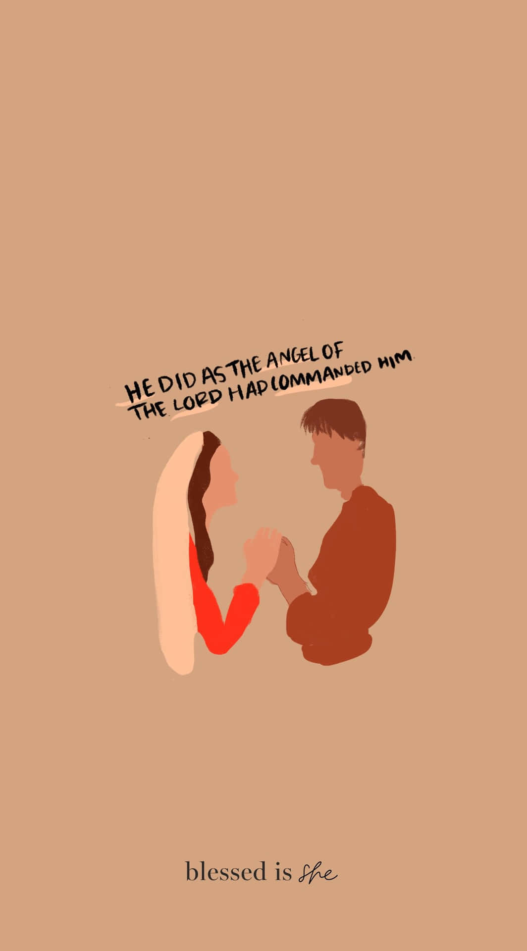  壁紙 — 一個極簡插圖，描繪一男一女緊握雙手，上下方有文字，背景為純粹的棕褐色。
