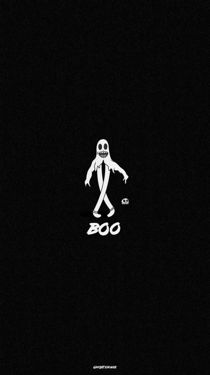 一個卡通鬼魂，咧嘴大笑，下方黑色背景上寫著BOO。